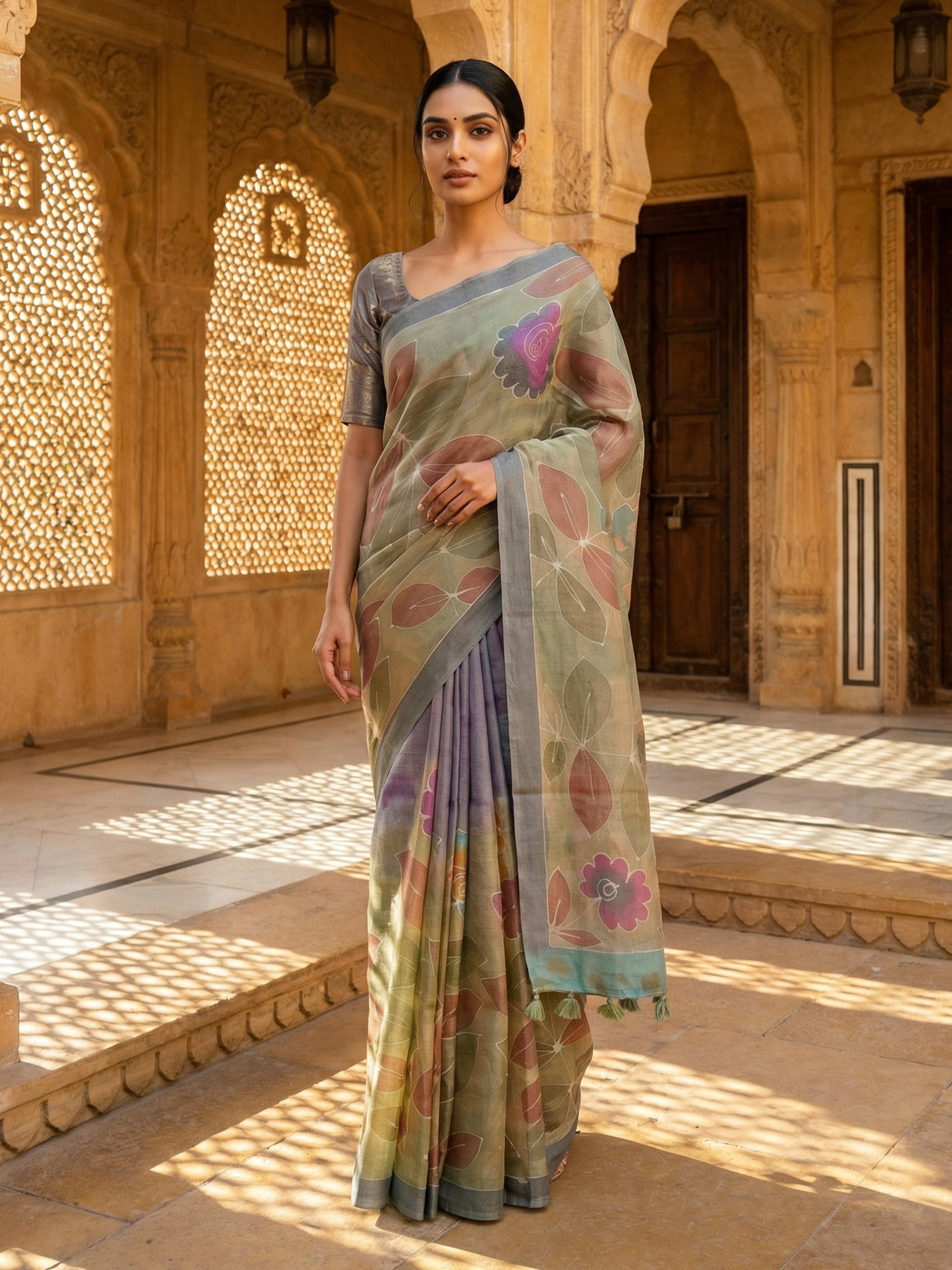 Pure Tusser Silk Saree in Pastel Green with Floral Design & Contrast Border
