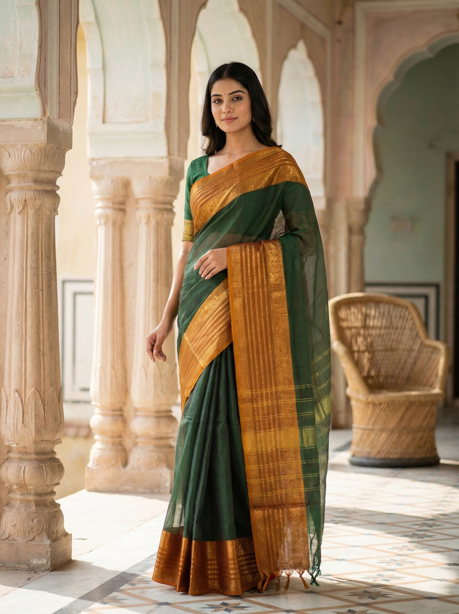 Green Cotton Saree with Mustard Orange Woven Border and Pallu