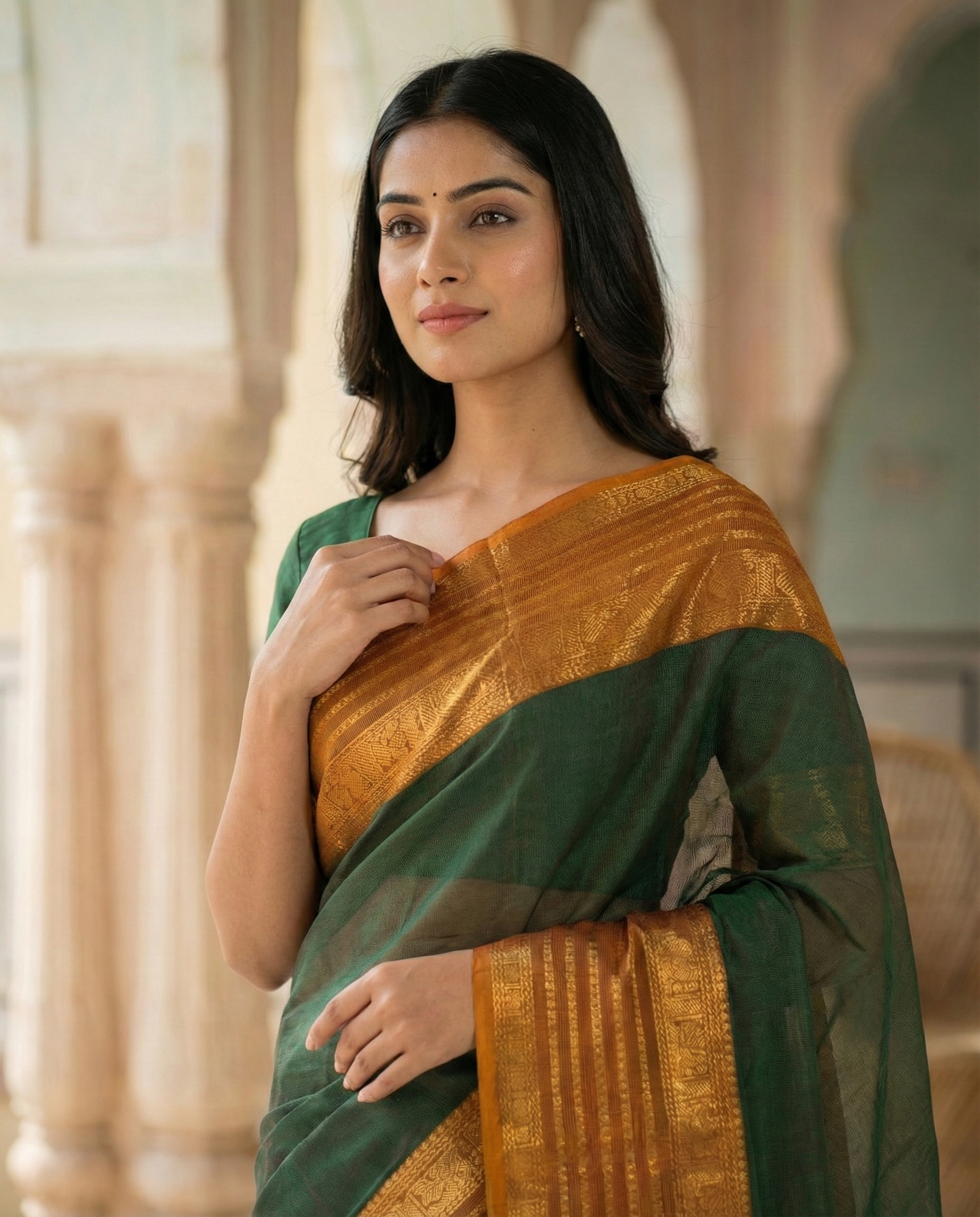 Green Cotton Saree with Mustard Orange Woven Border and Pallu