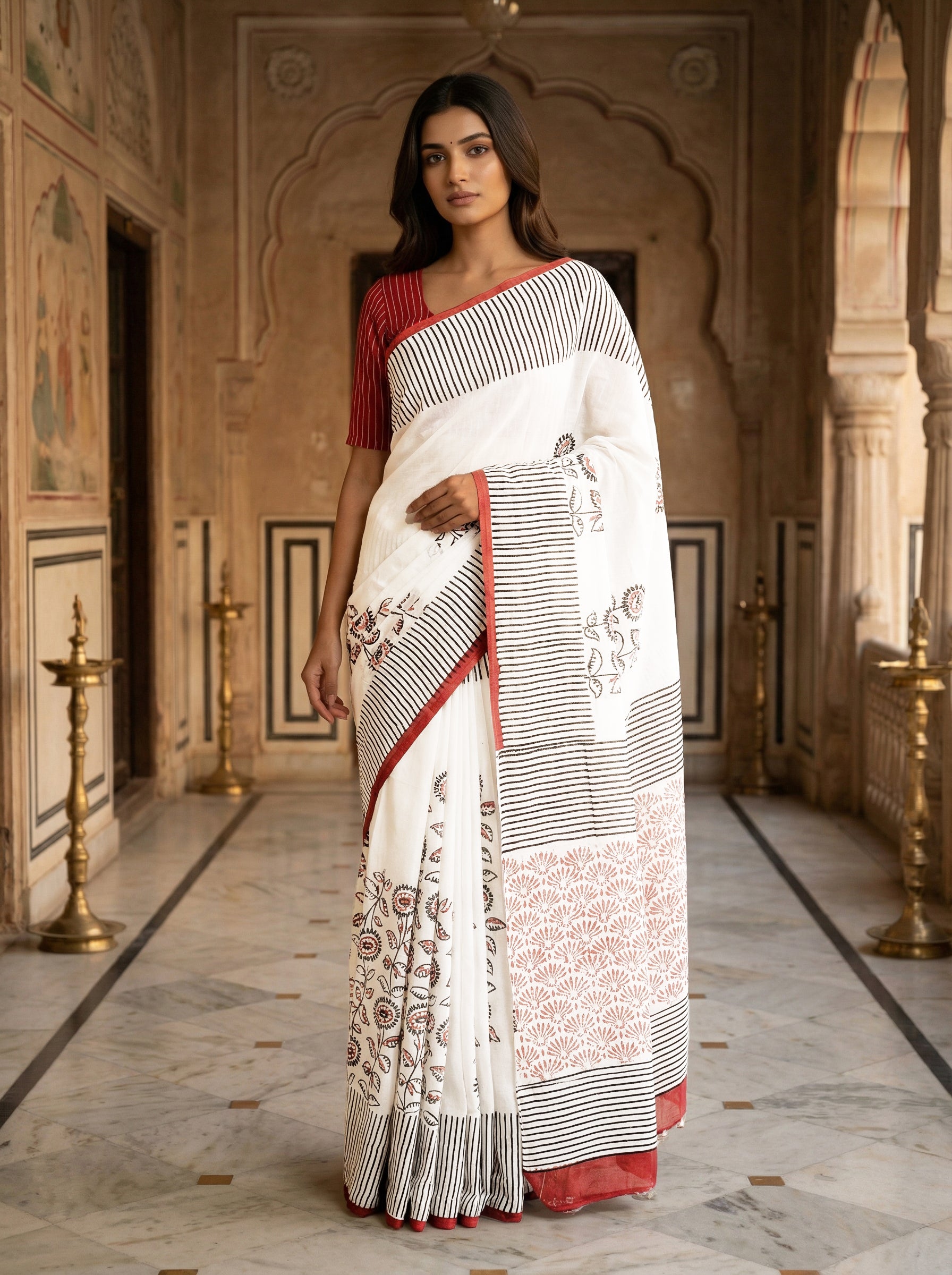 White Printed Cotton Saree with Black Stripes and Red Floral Border