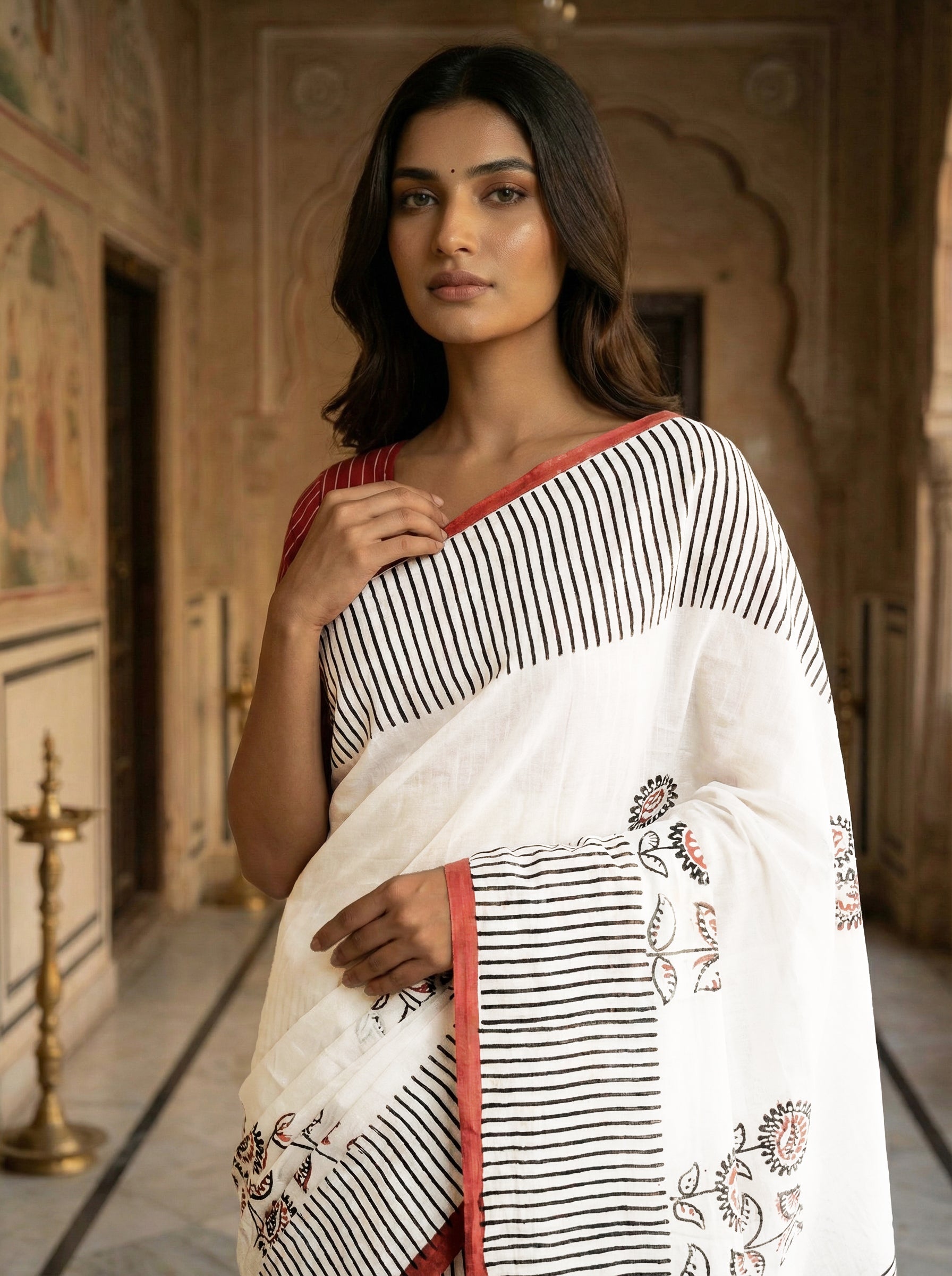 White Printed Cotton Saree with Black Stripes and Red Floral Border