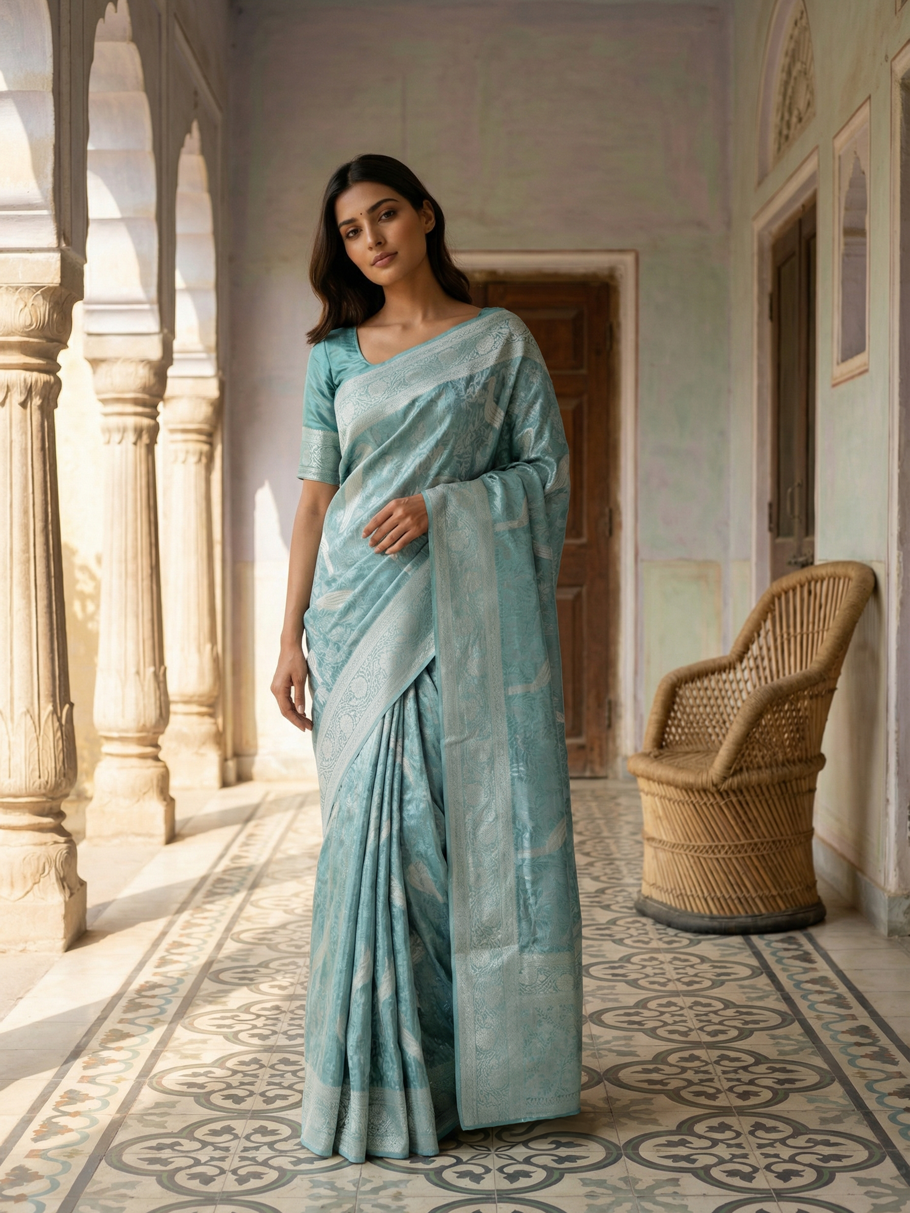 Pastel Aqua Blue Brocade Saree with Delicate Silver Zari Motifs and Elegant Woven Border