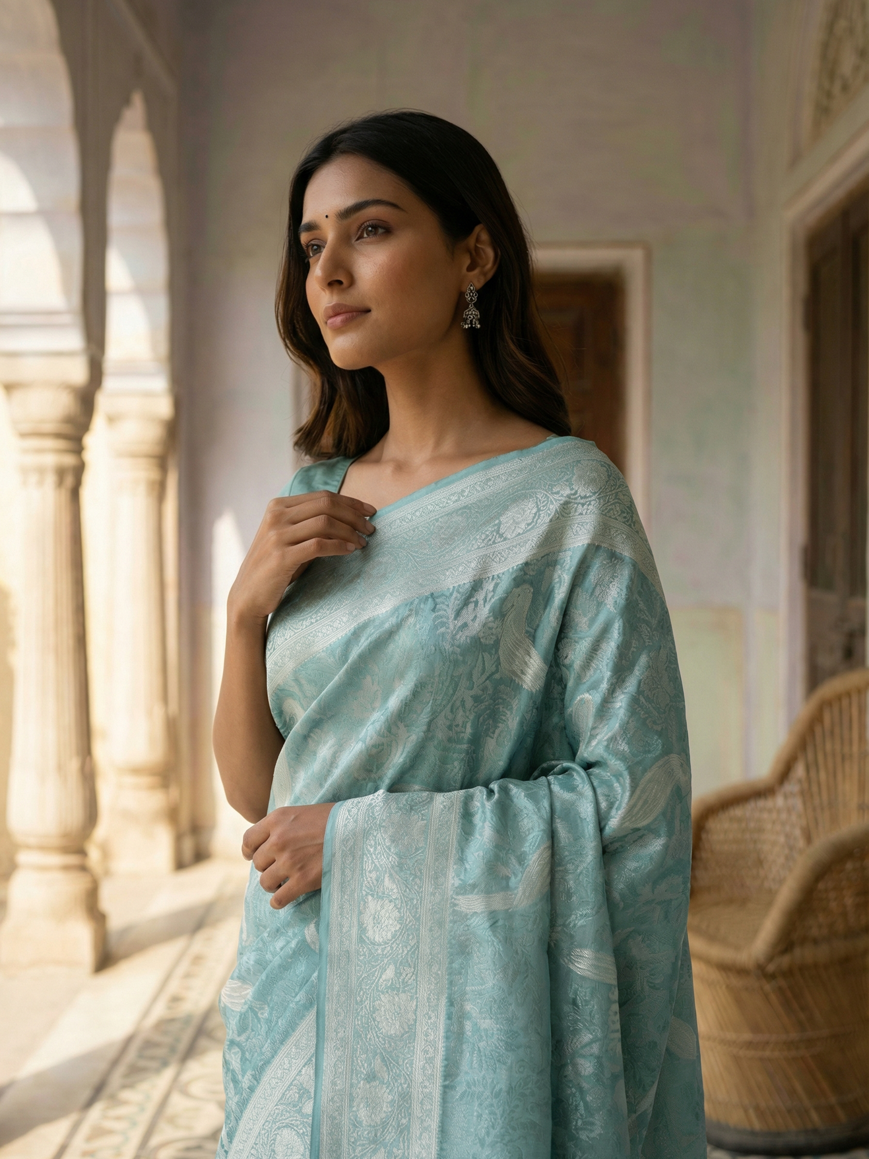 Pastel Aqua Blue Brocade Saree with Delicate Silver Zari Motifs and Elegant Woven Border