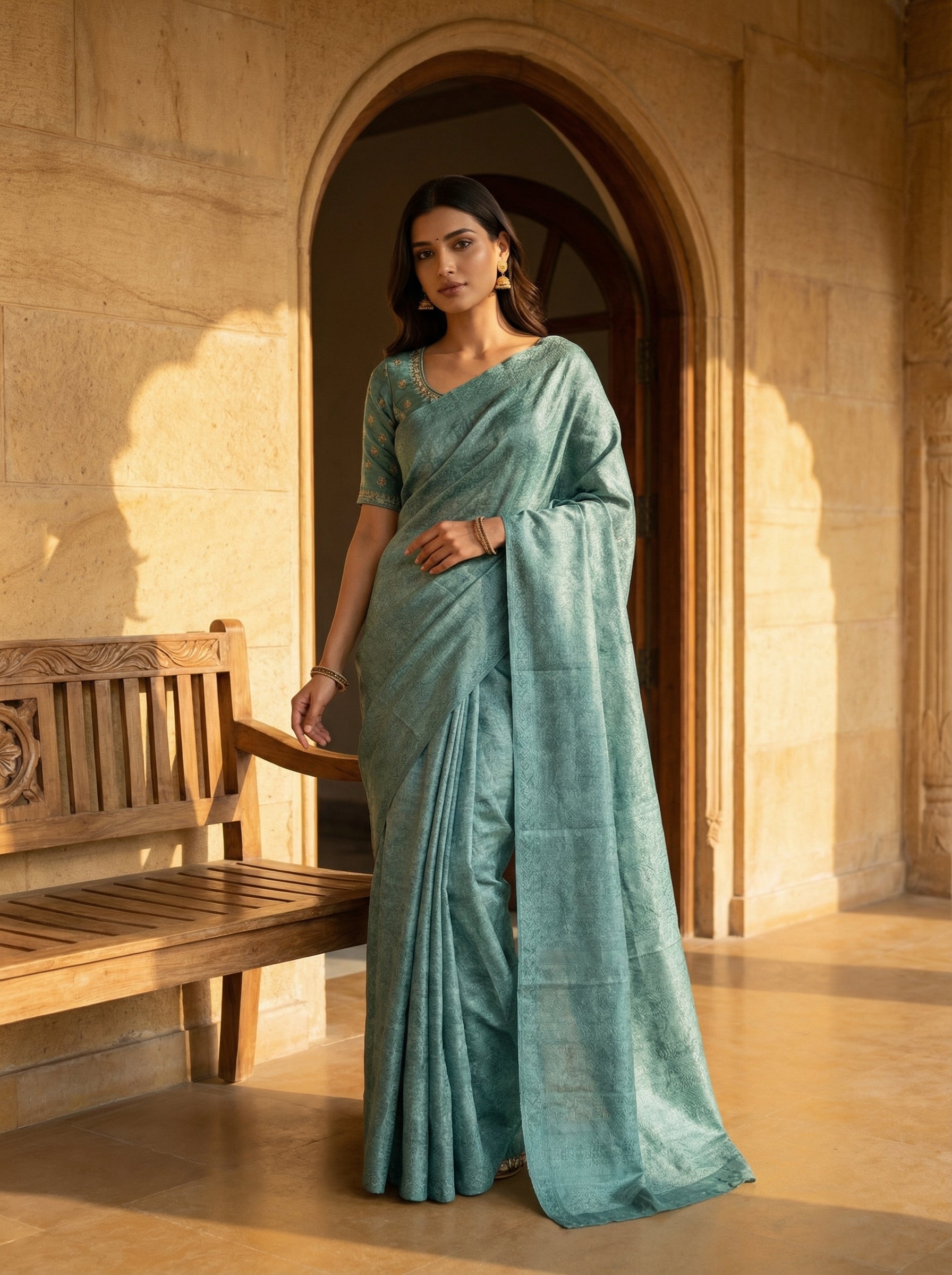 Sea Green Tussar Silk Saree with Subtle All-Over Print and Natural Textured Finish