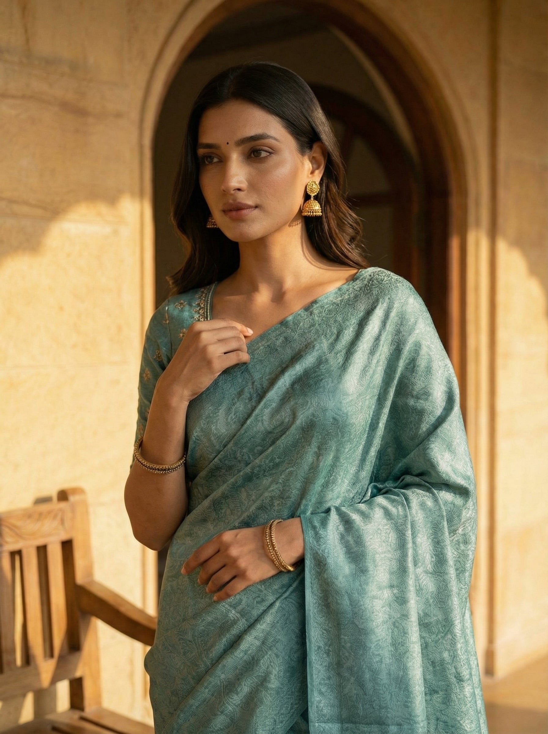 Sea Green Tussar Silk Saree with Subtle All-Over Print and Natural Textured Finish