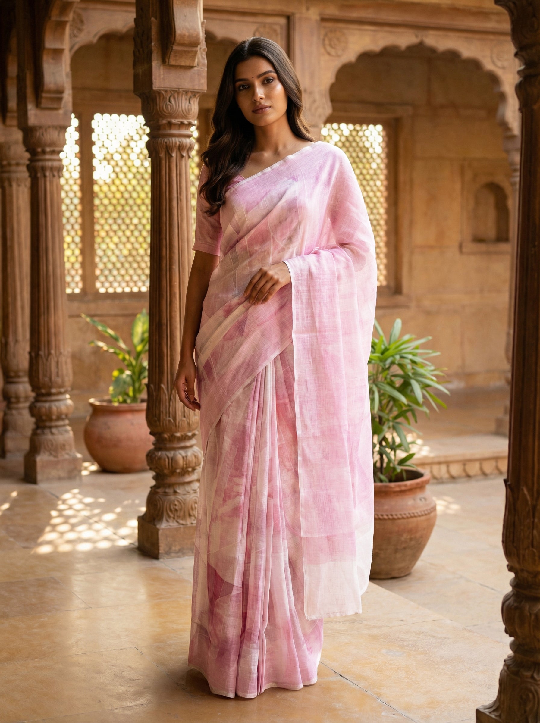 Soft Blush Pink Printed Silk Saree with Abstract Floral Wash and Elegant Sheer Finish