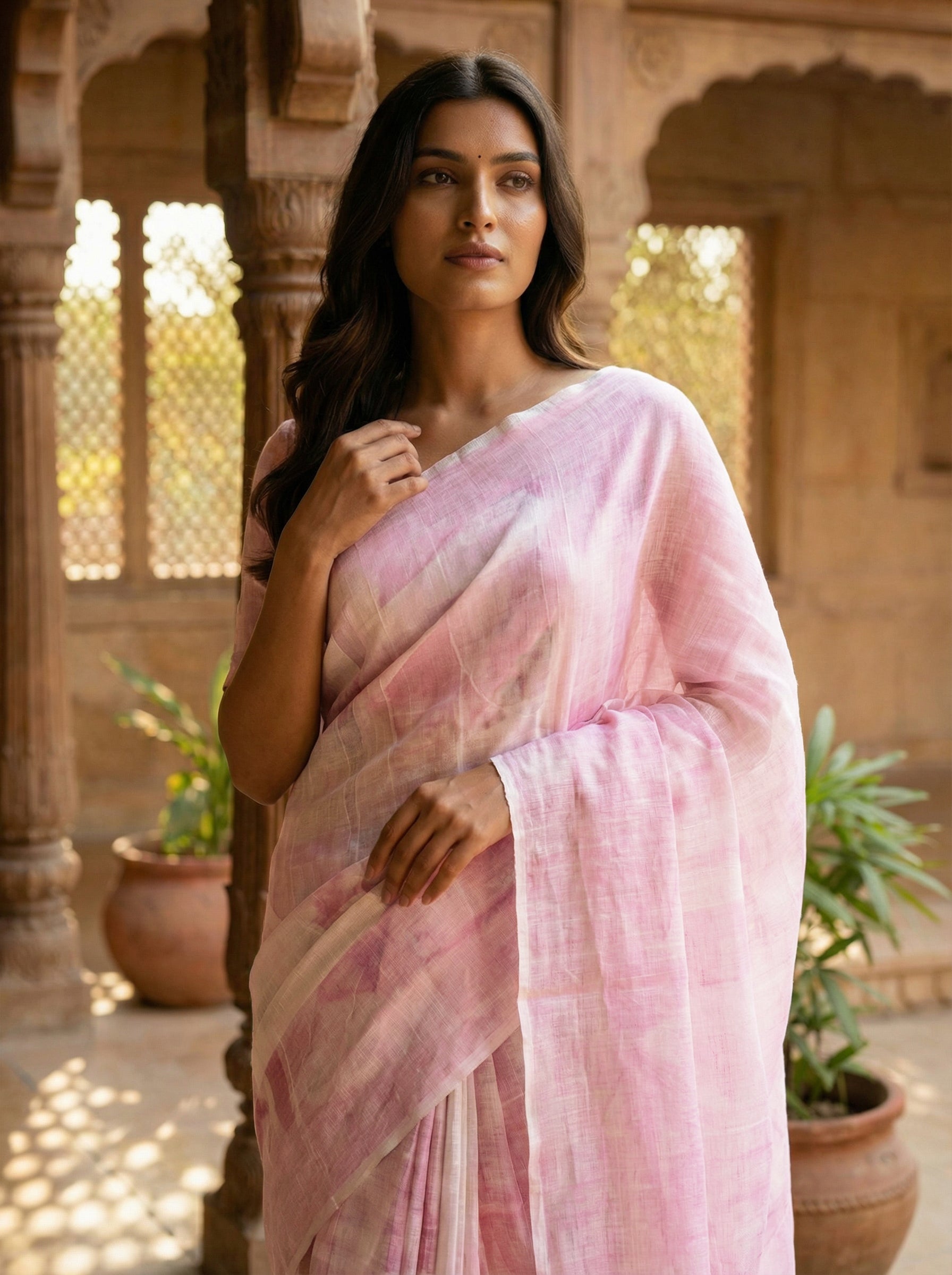 Soft Blush Pink Printed Silk Saree with Abstract Floral Wash and Elegant Sheer Finish