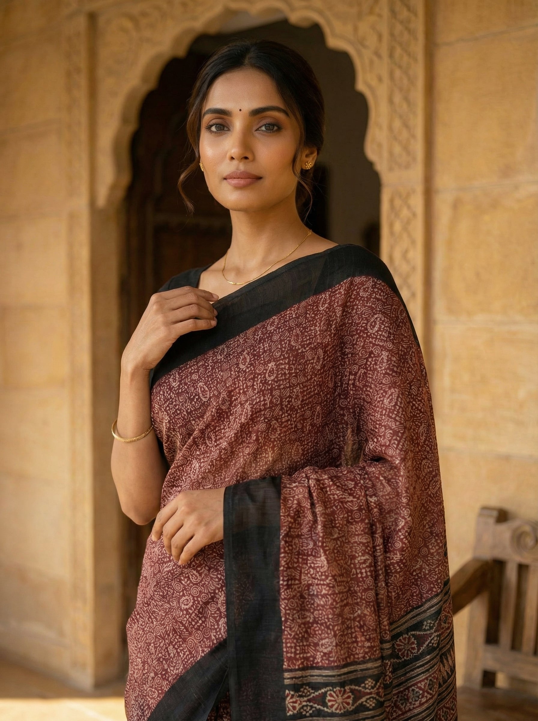 Maroon Printed Saree with Contrast Tribal Pallu