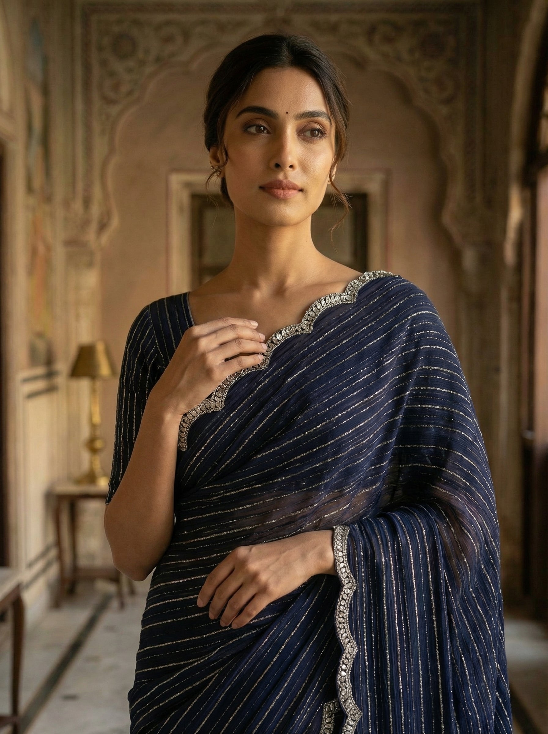 Midnight Blue Designer Saree with Shimmering Stripe Detailing