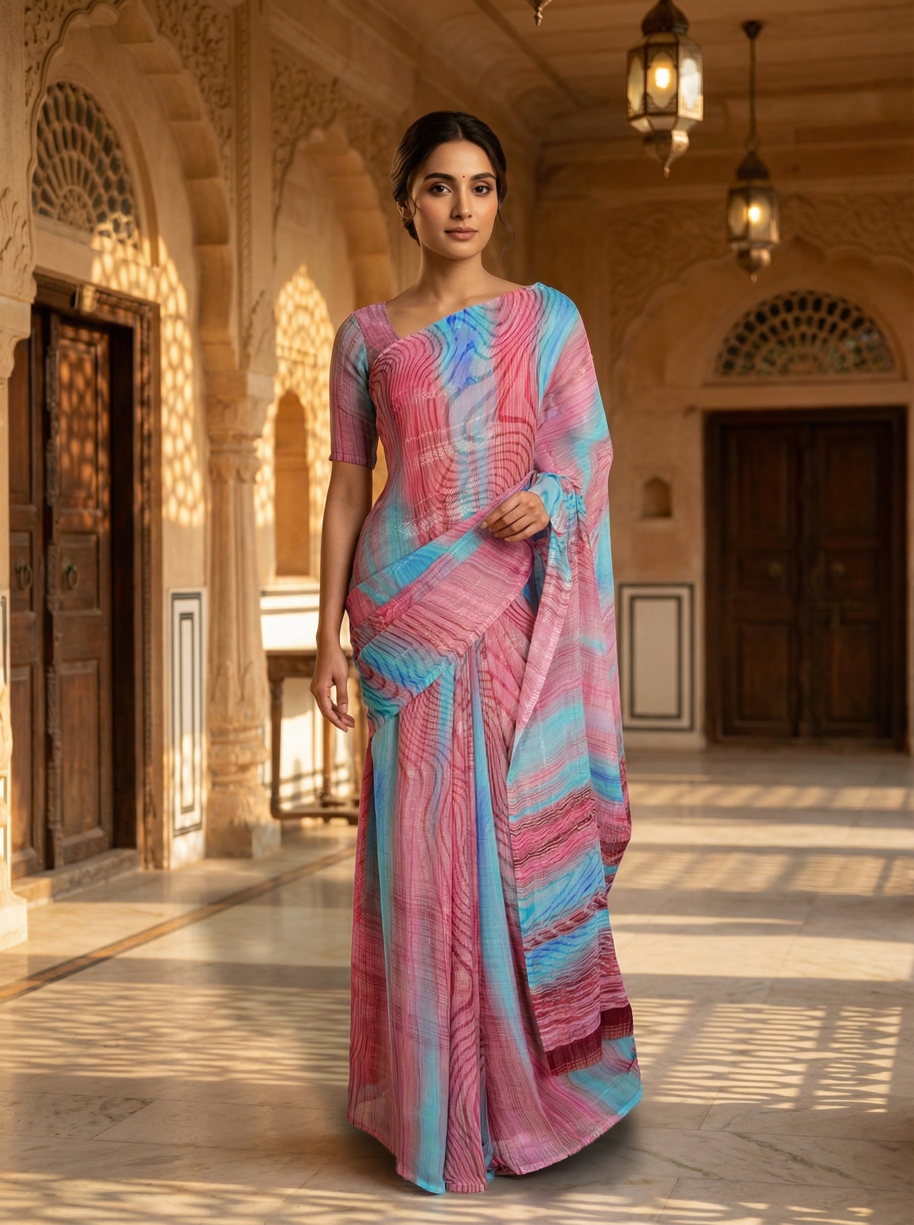 Pastel Pink and Aqua Printed Saree with Abstract Wave Design