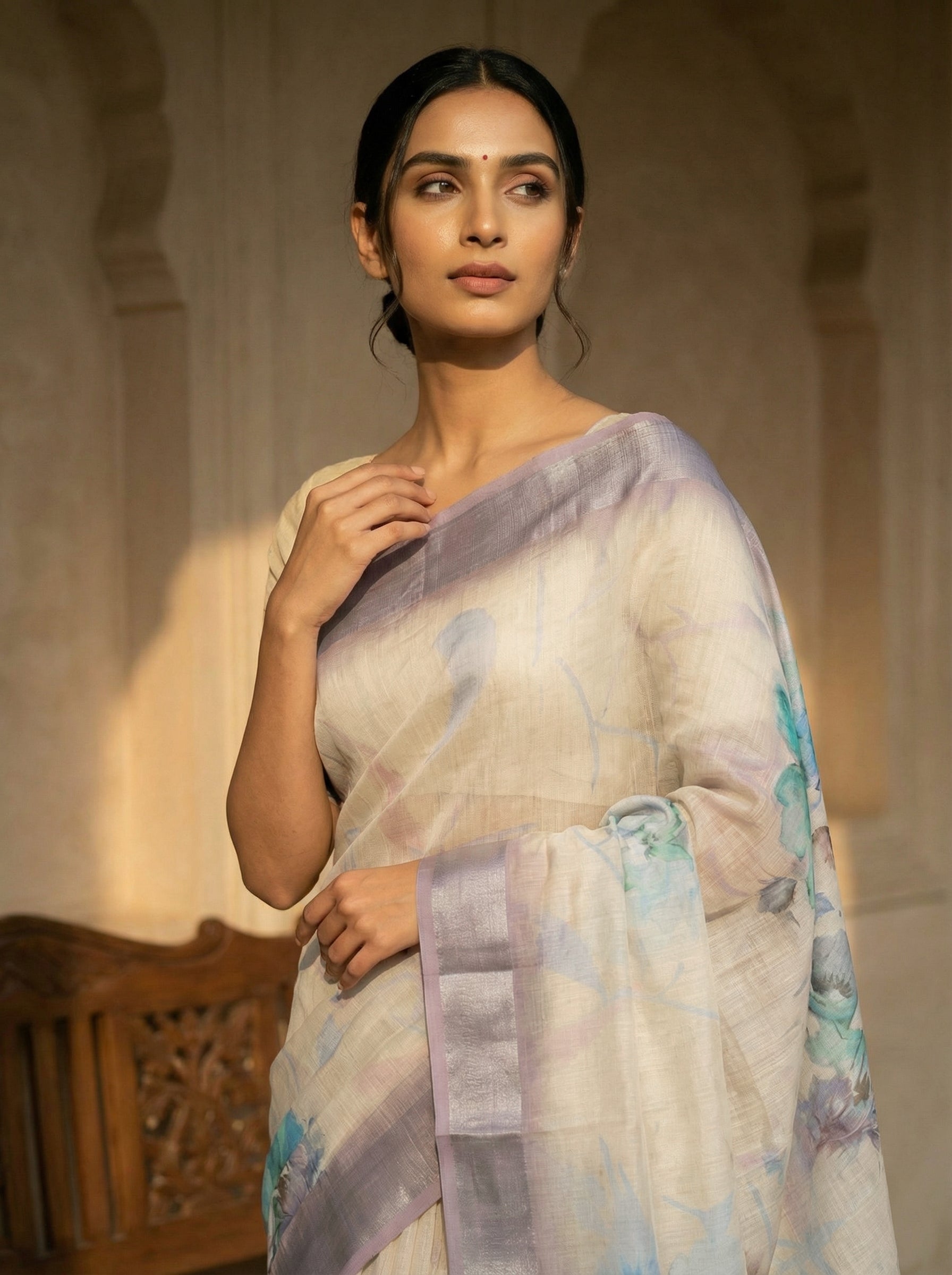 Pastel Yellow Floral Printed Saree with Lavender Border