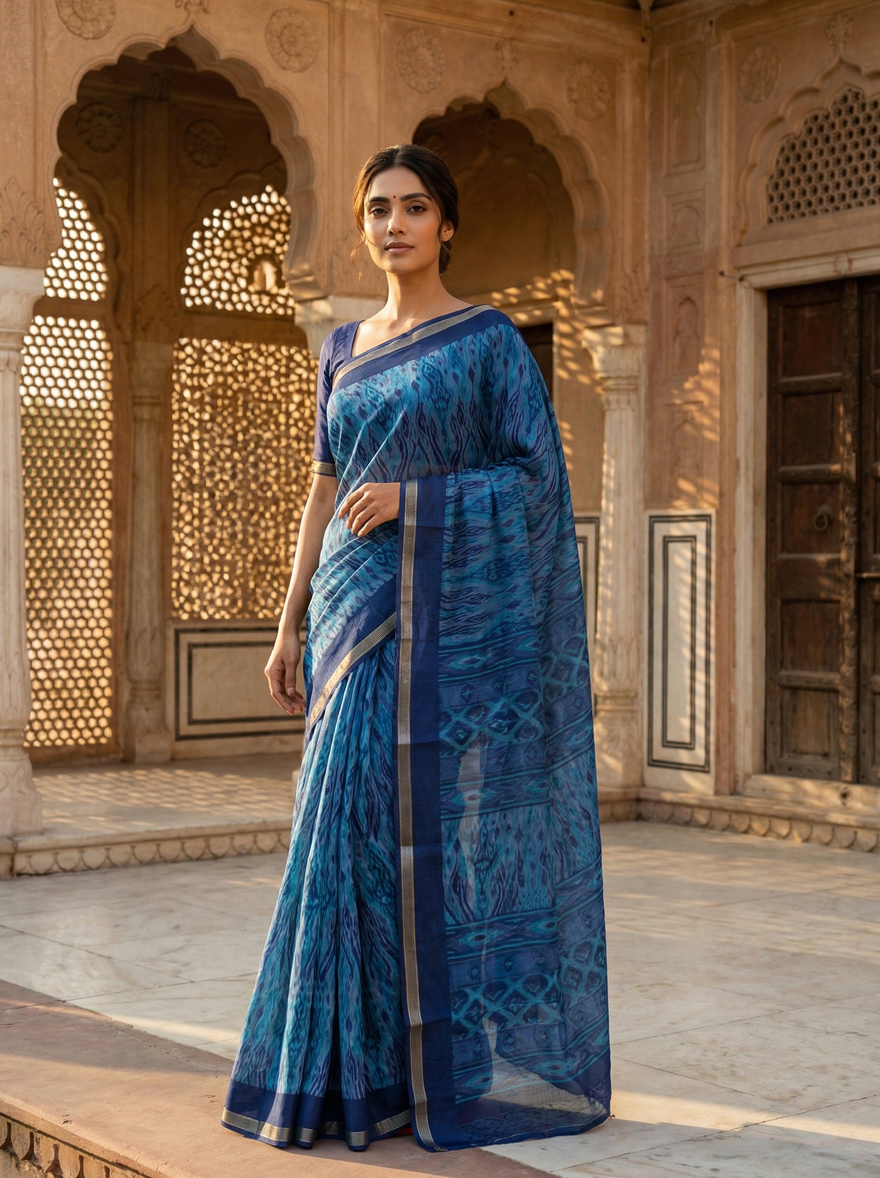 Teal Blue Ikat-Inspired Printed Saree with Zari Border