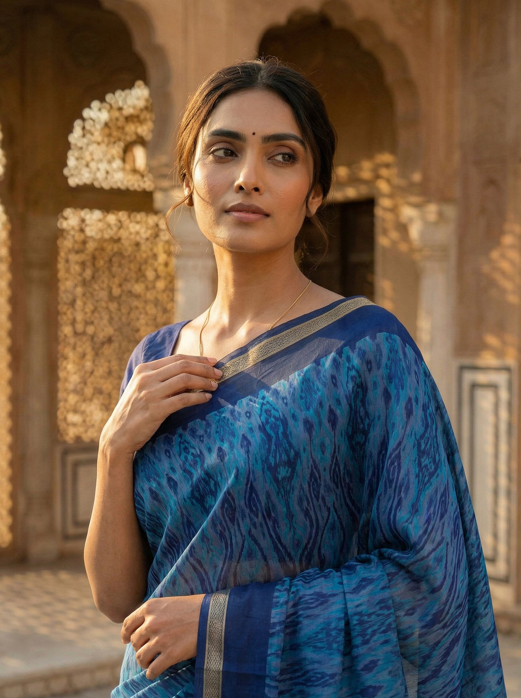 Teal Blue Ikat-Inspired Printed Saree with Zari Border
