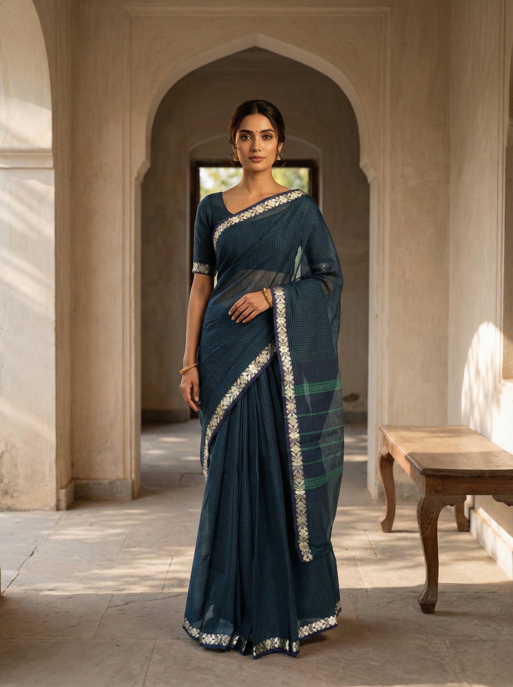 Teal Green Cotton Saree with Fine Checks, Floral Border Detailing and Striped Pallu