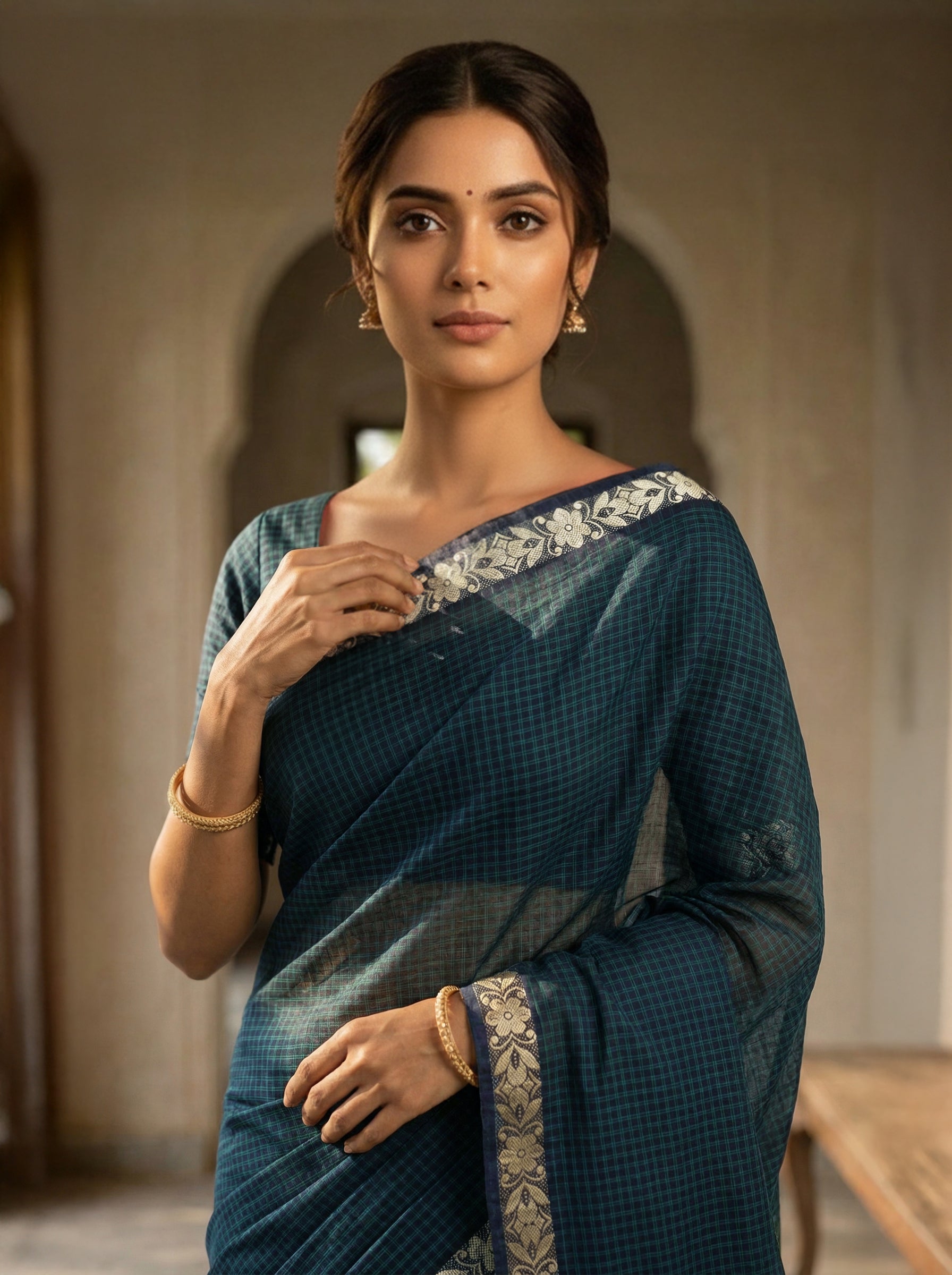 Teal Green Cotton Saree with Fine Checks, Floral Border Detailing and Striped Pallu