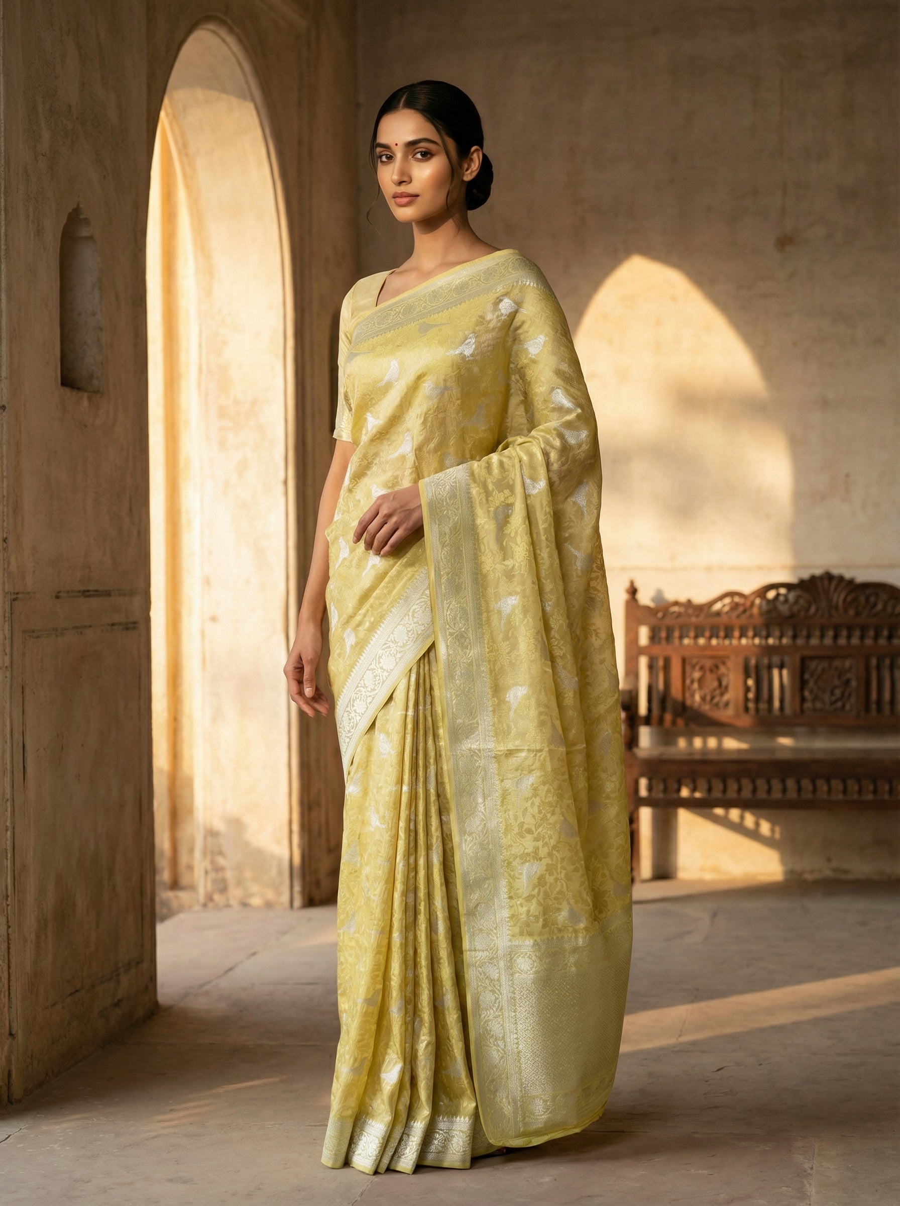 Soft Lemon Yellow Semi Silk Saree with Delicate Silver Motifs and Elegant Woven Border