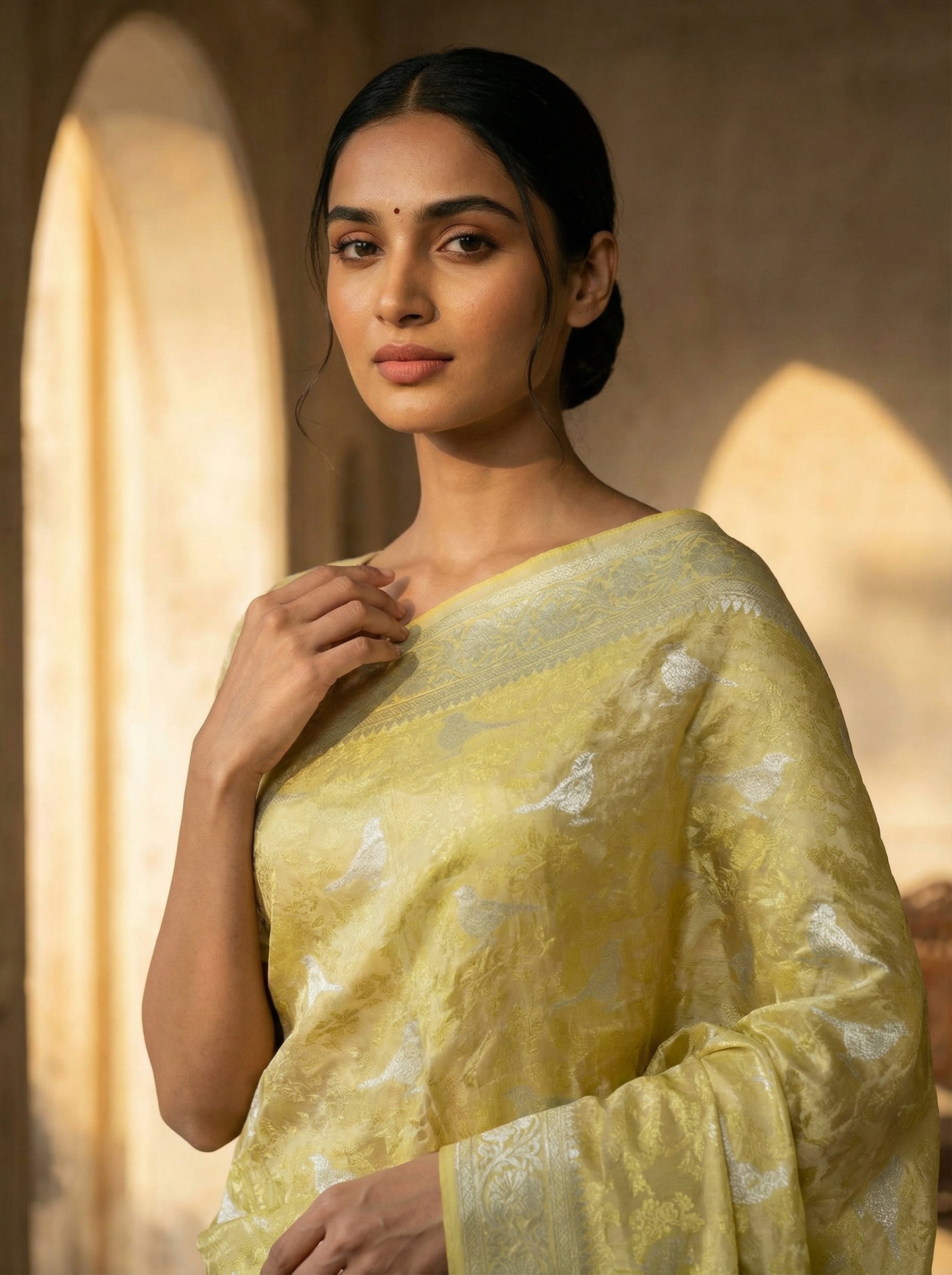 Soft Lemon Yellow Semi Silk Saree with Delicate Silver Motifs and Elegant Woven Border