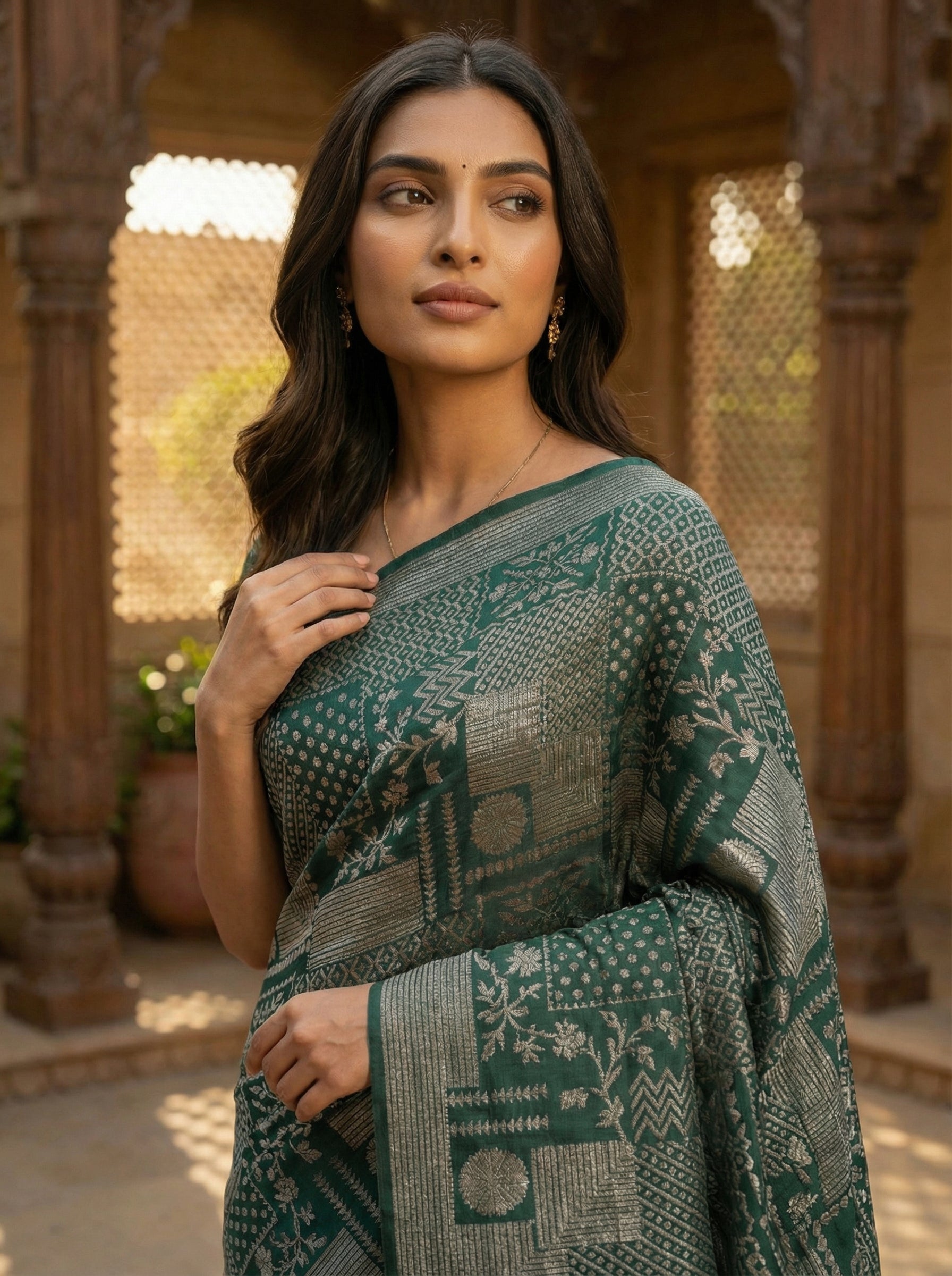 Semi Silk Saree with Intricate Patchwork-Inspired Silver Motifs