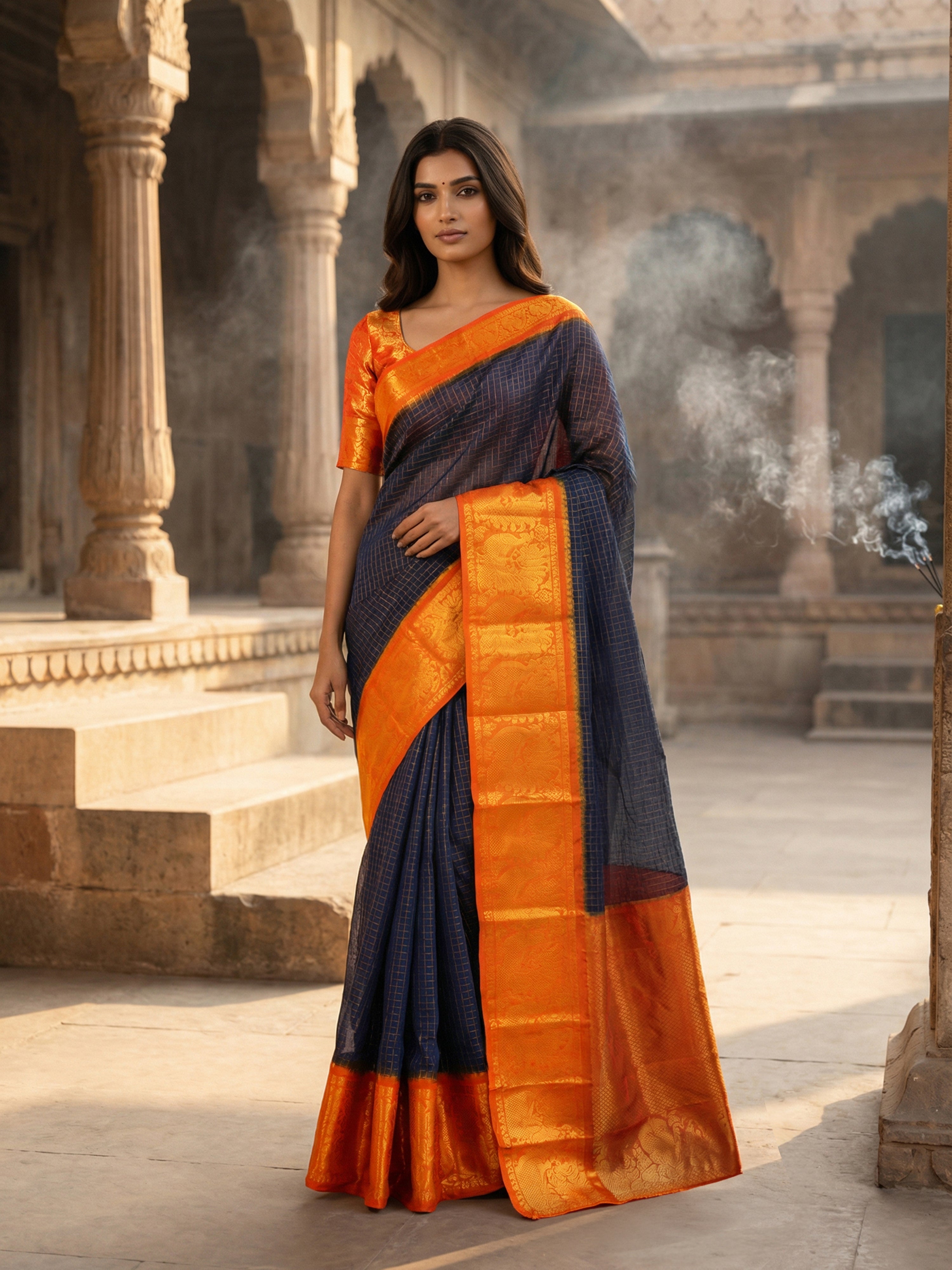 Navy Blue Cotton Saree with Fine Checks and Vibrant Orange Zari Border