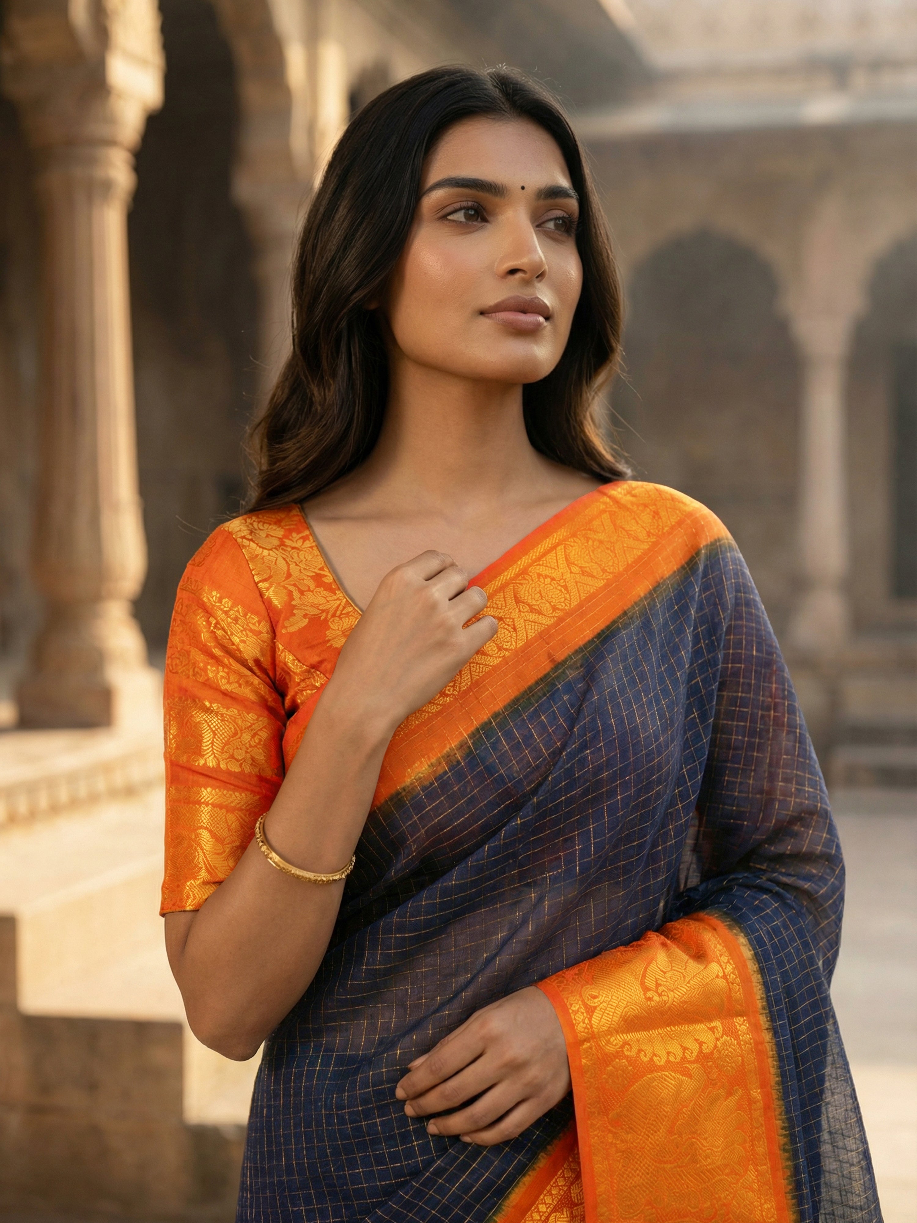 Navy Blue Cotton Saree with Fine Checks and Vibrant Orange Zari Border