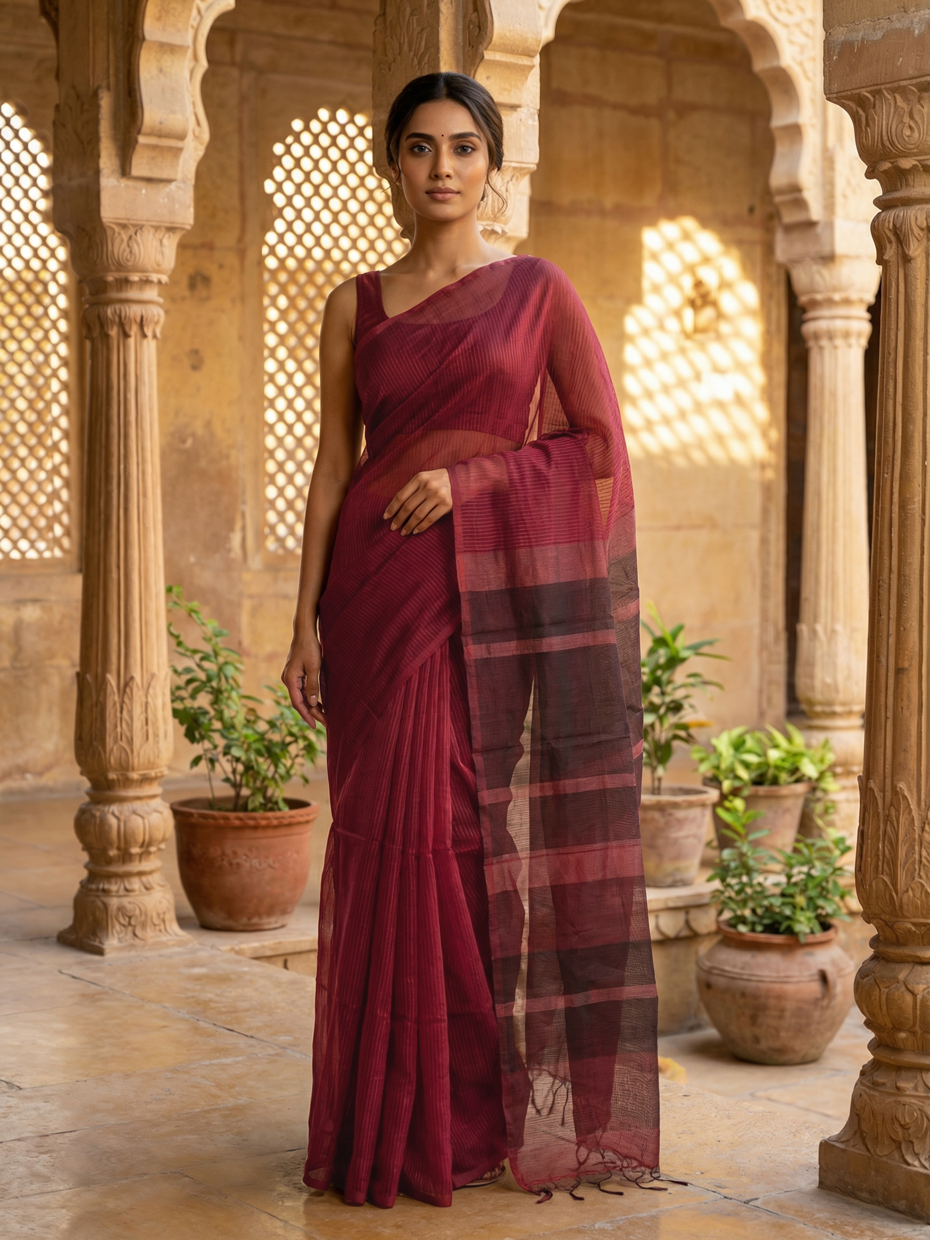 Wine Red Sayanora Saree with Subtle Self-Weave and Sheer Pallu