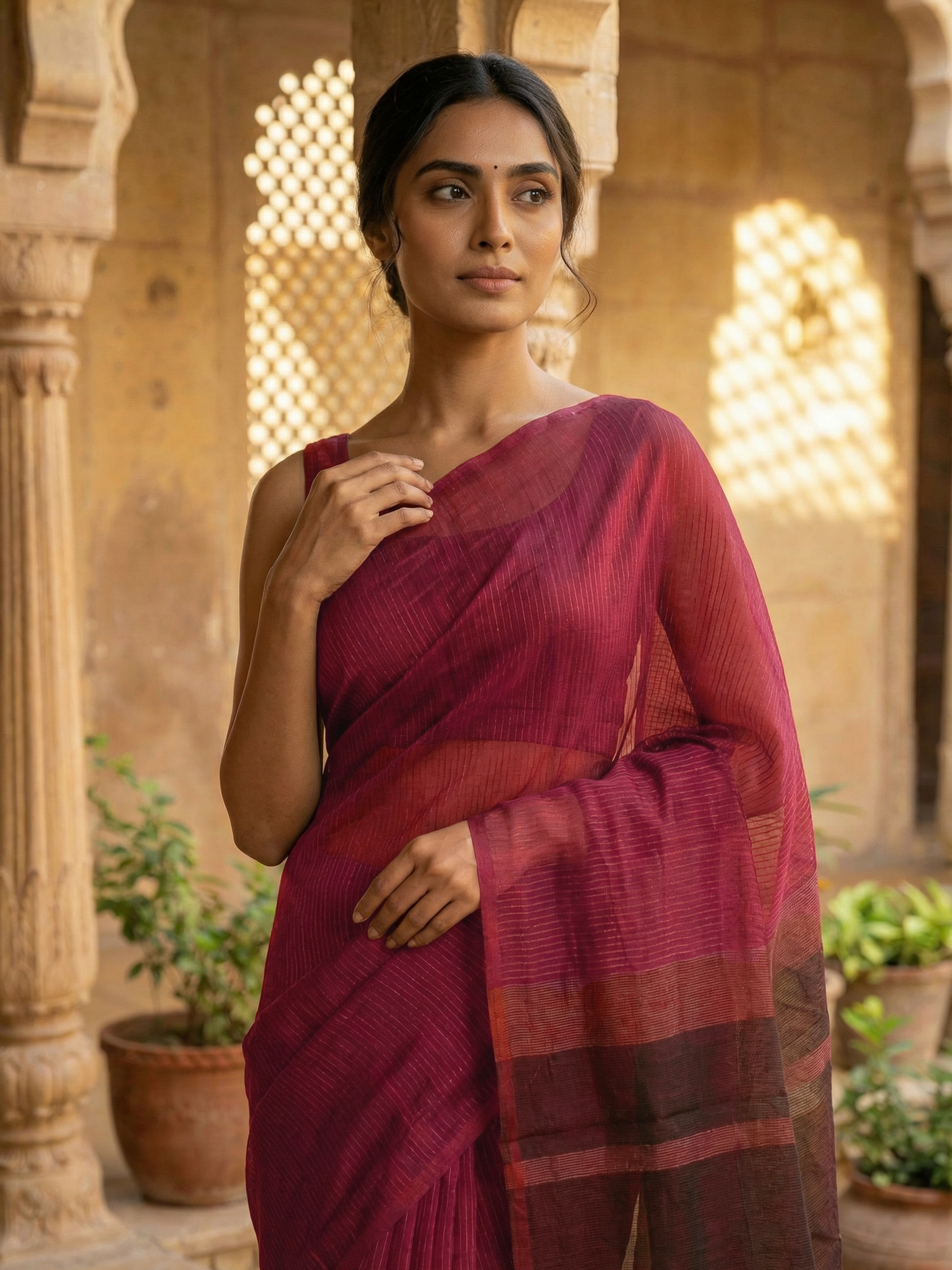 Wine Red Sayanora Saree with Subtle Self-Weave and Sheer Pallu