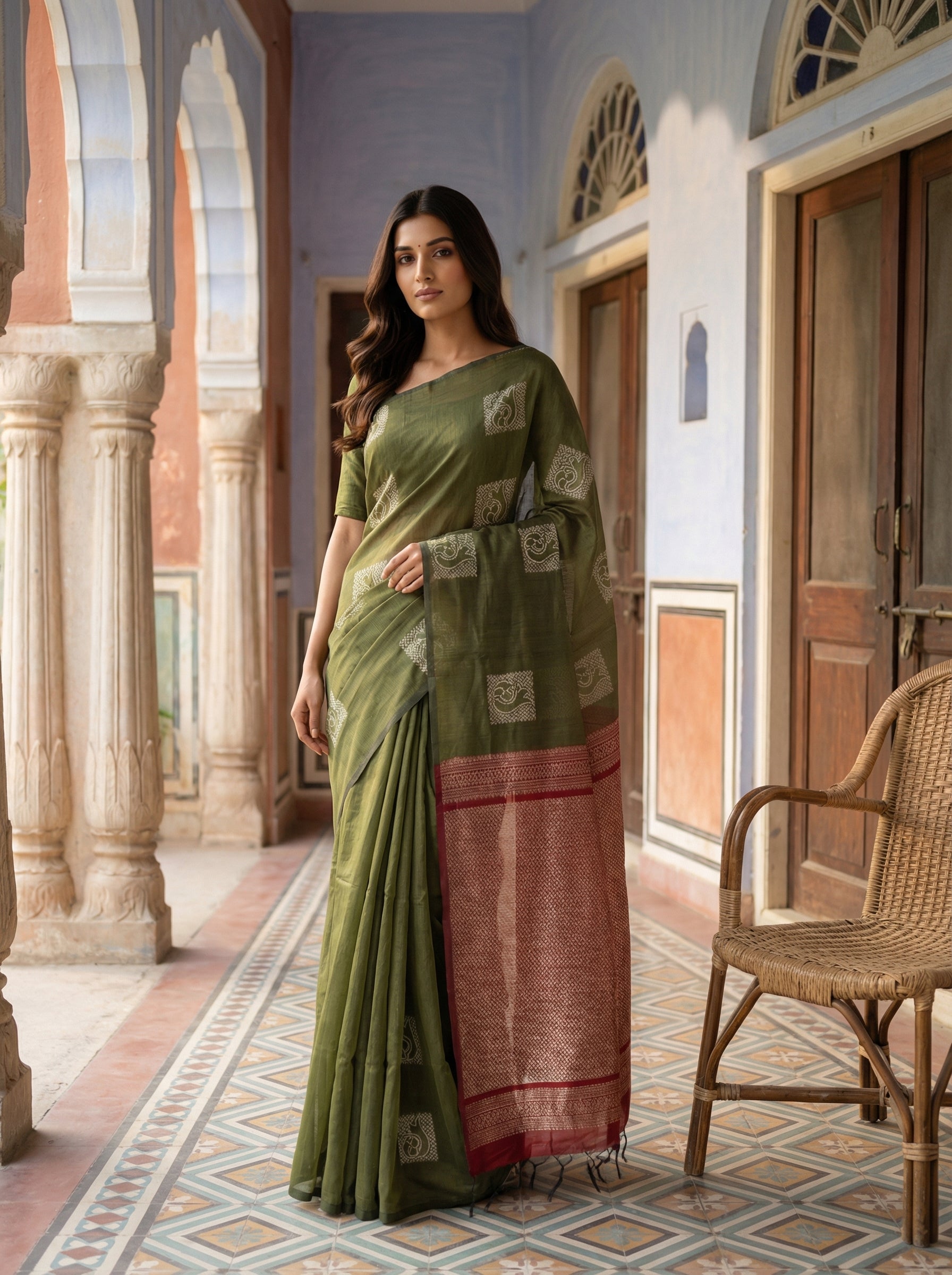 Olive Green Sayanora Saree with Traditional Motifs and Maroon Contrast Border