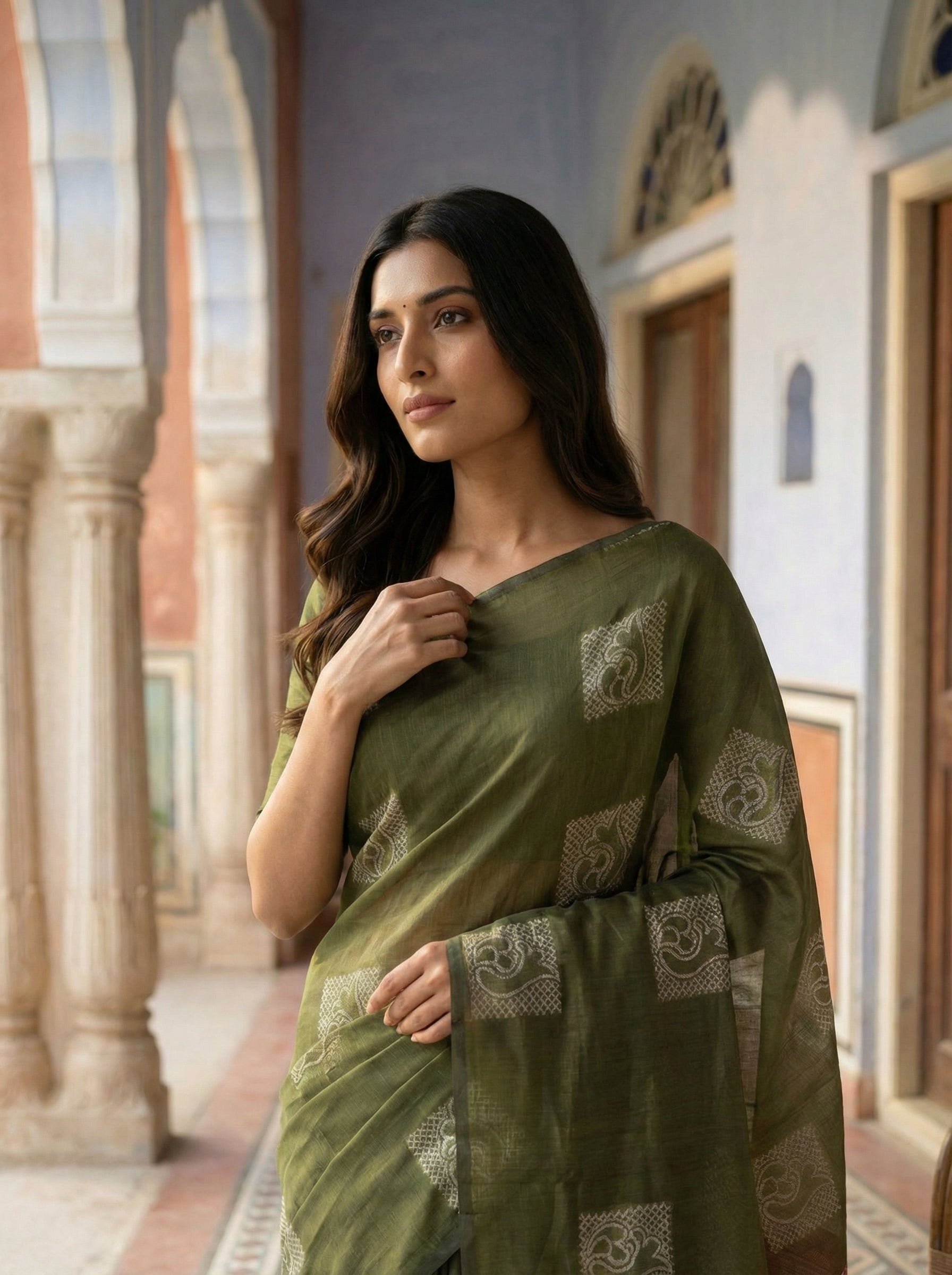 Olive Green Sayanora Saree with Traditional Motifs and Maroon Contrast Border