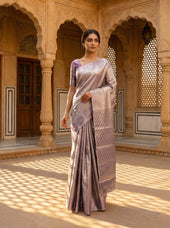 Beige Gold Semi Silk Saree with Lavender Brocade Motifs and Elegant Zari Border