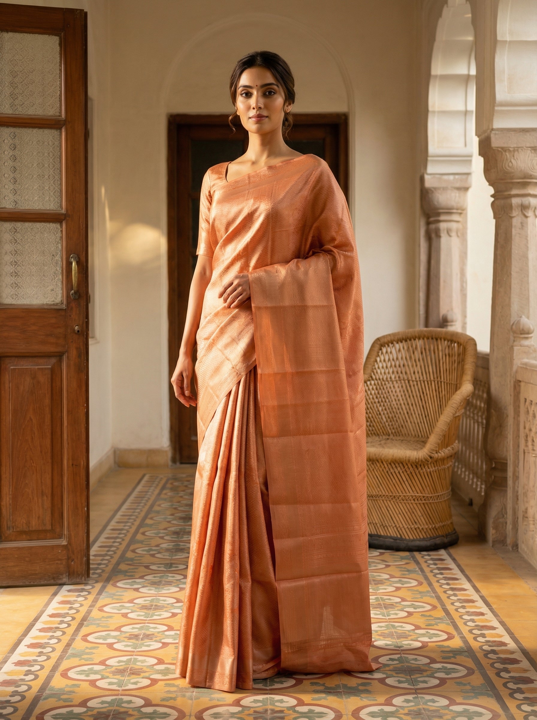 Peach Orange Semi Silk Saree with Elegant Self-Weave and Soft Sheen