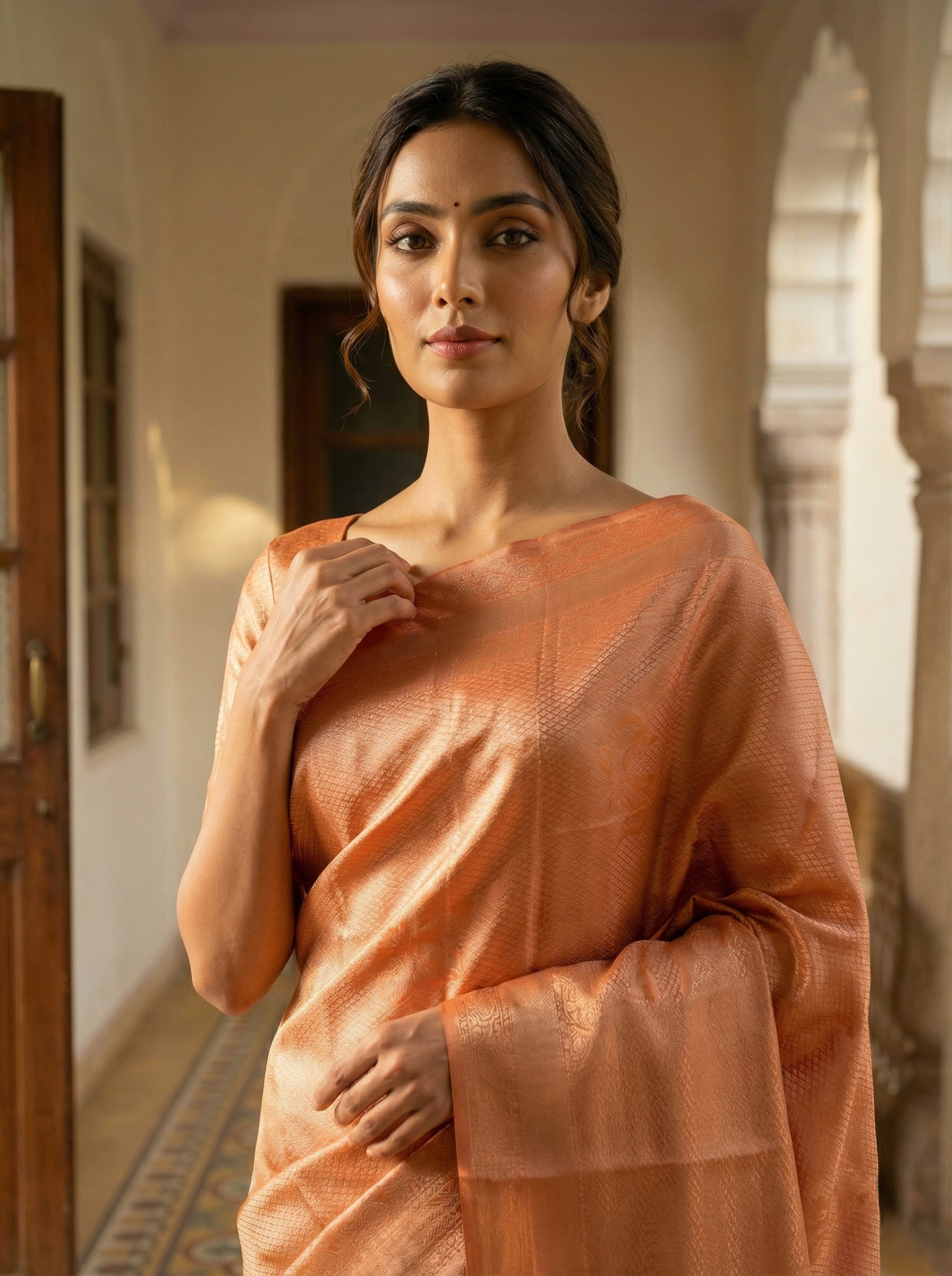 Peach Orange Semi Silk Saree with Elegant Self-Weave and Soft Sheen