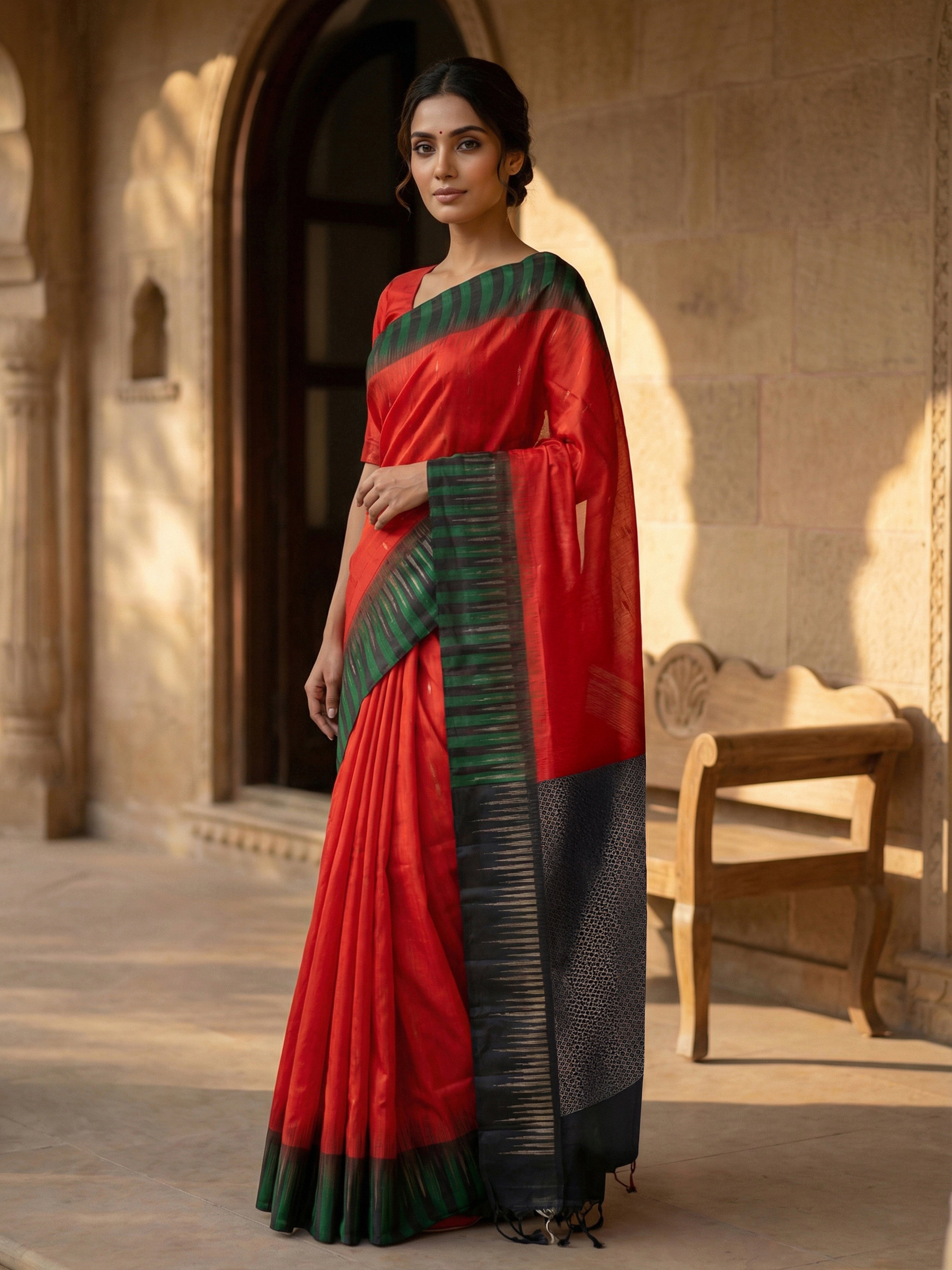 Pure Kancheepuram Silk Saree in Red with Golden Zari – Butta Body, Black Contrast Pallu