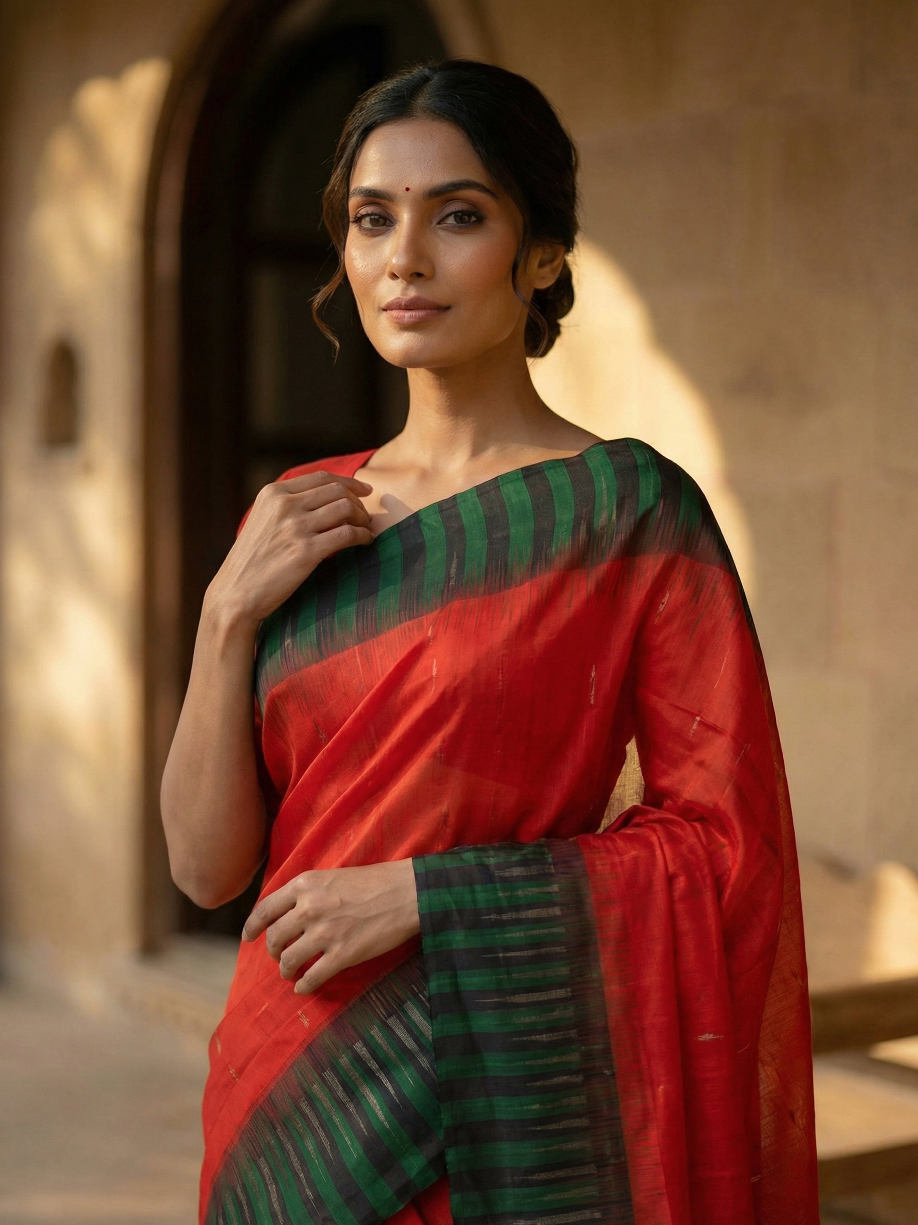 Pure Kancheepuram Silk Saree in Red with Golden Zari – Butta Body, Black Contrast Pallu