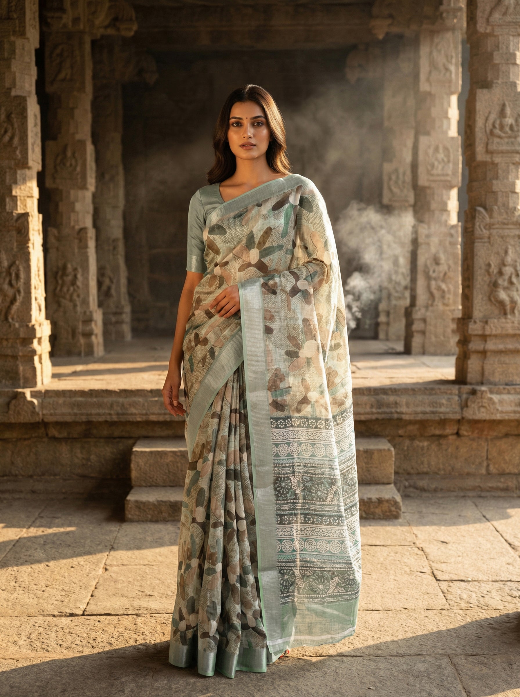 Pastel Green Floral Printed Saree with Solid Border