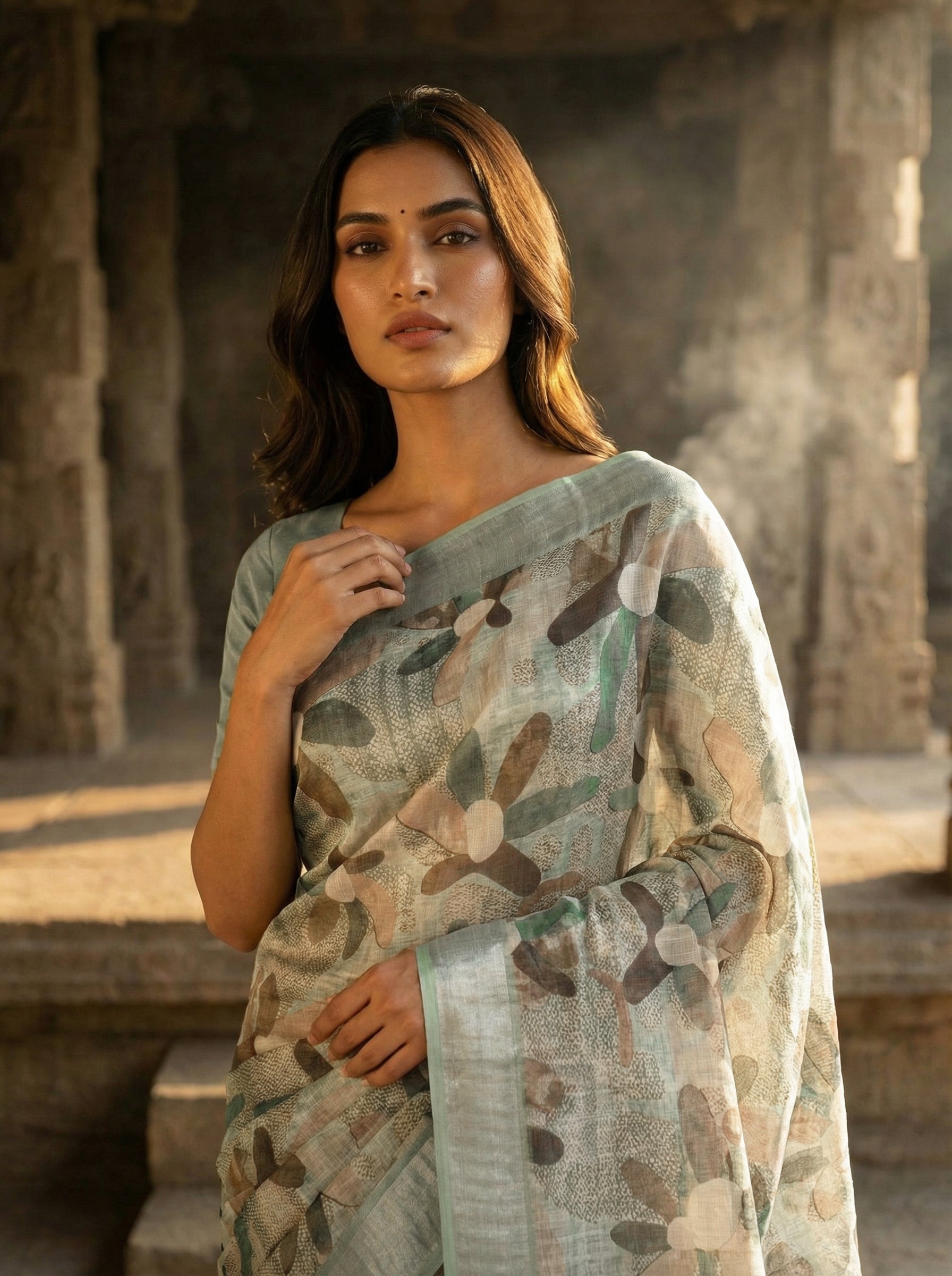 Pastel Green Floral Printed Saree with Solid Border