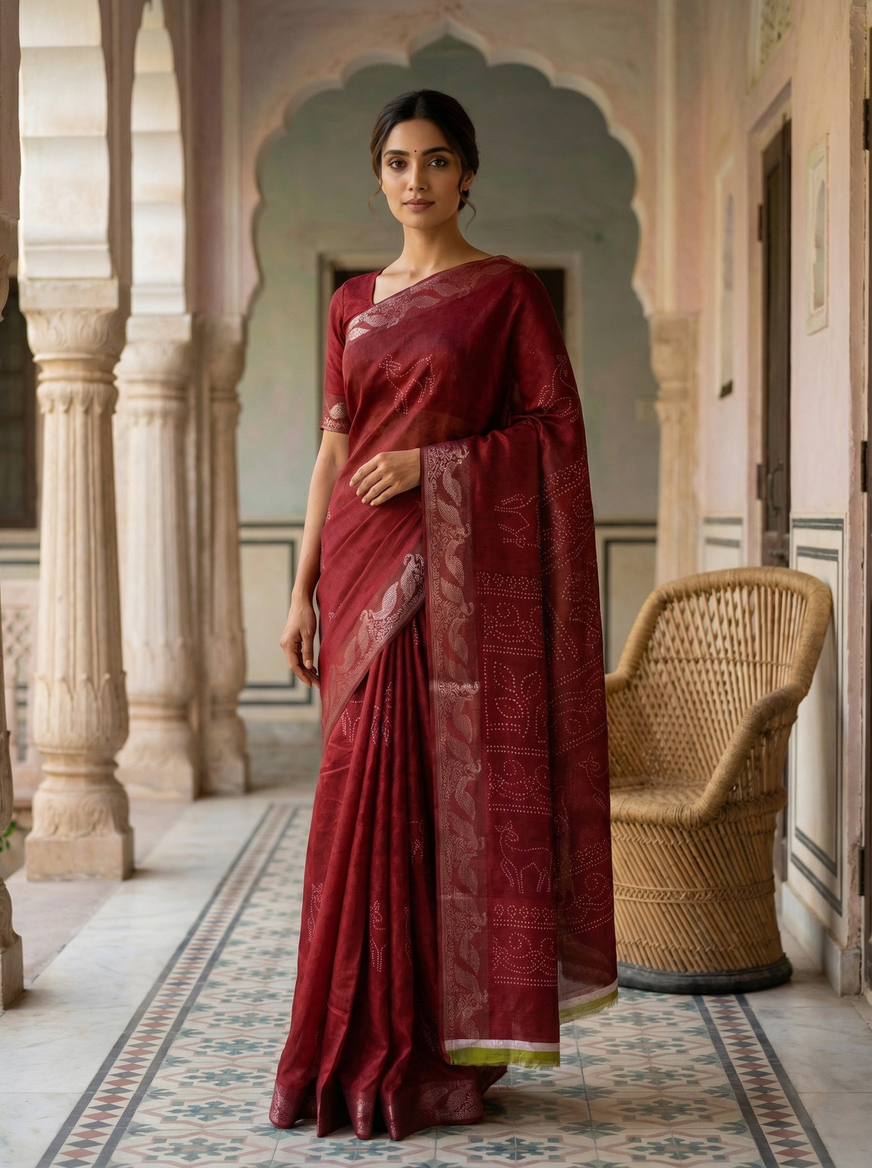 Maroon Red Semi Silk Saree with Traditional Motifs and Woven Border