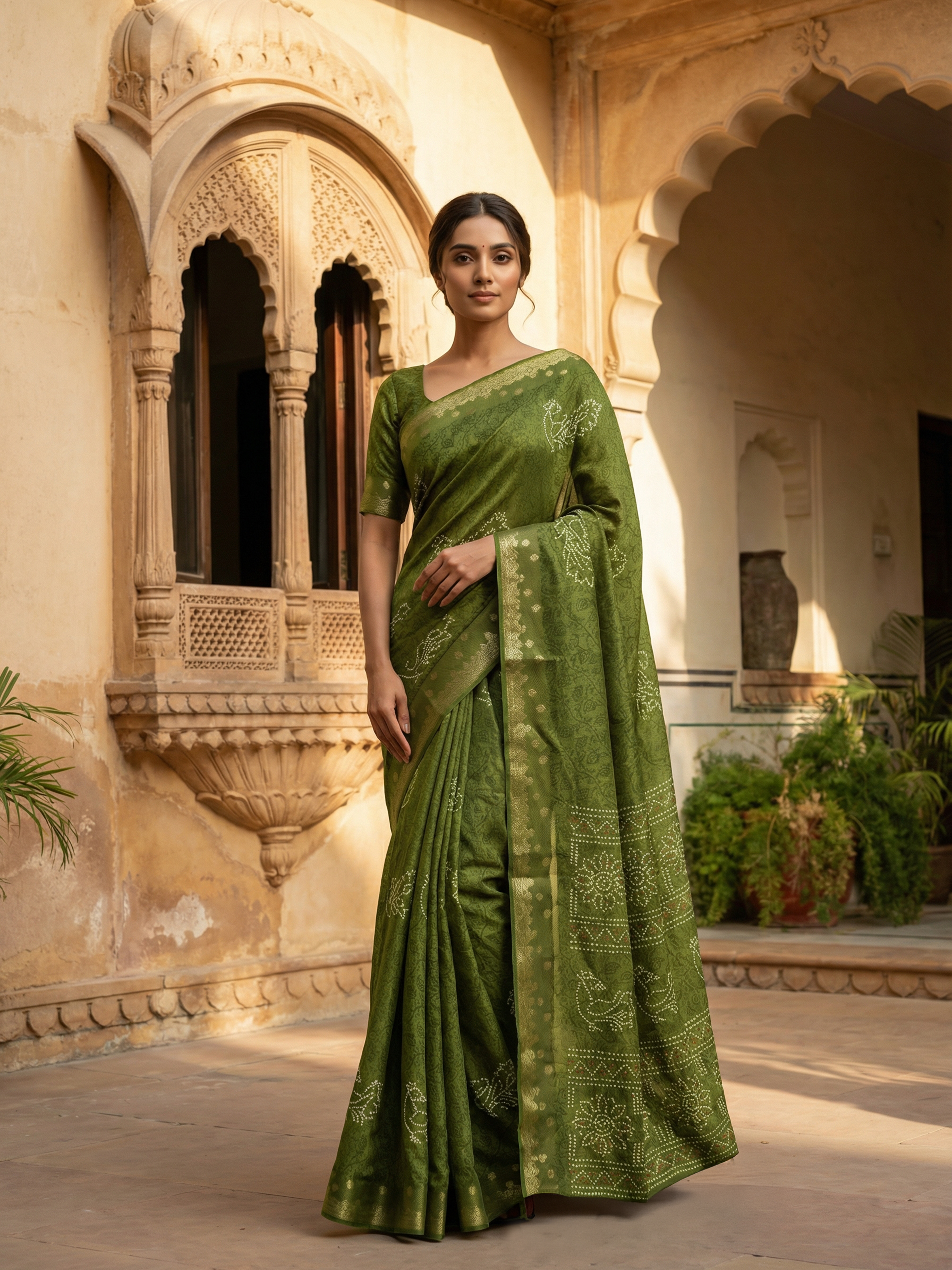 Olive Green Semi Silk Saree with Bandhani Motifs & Antique Gold Border