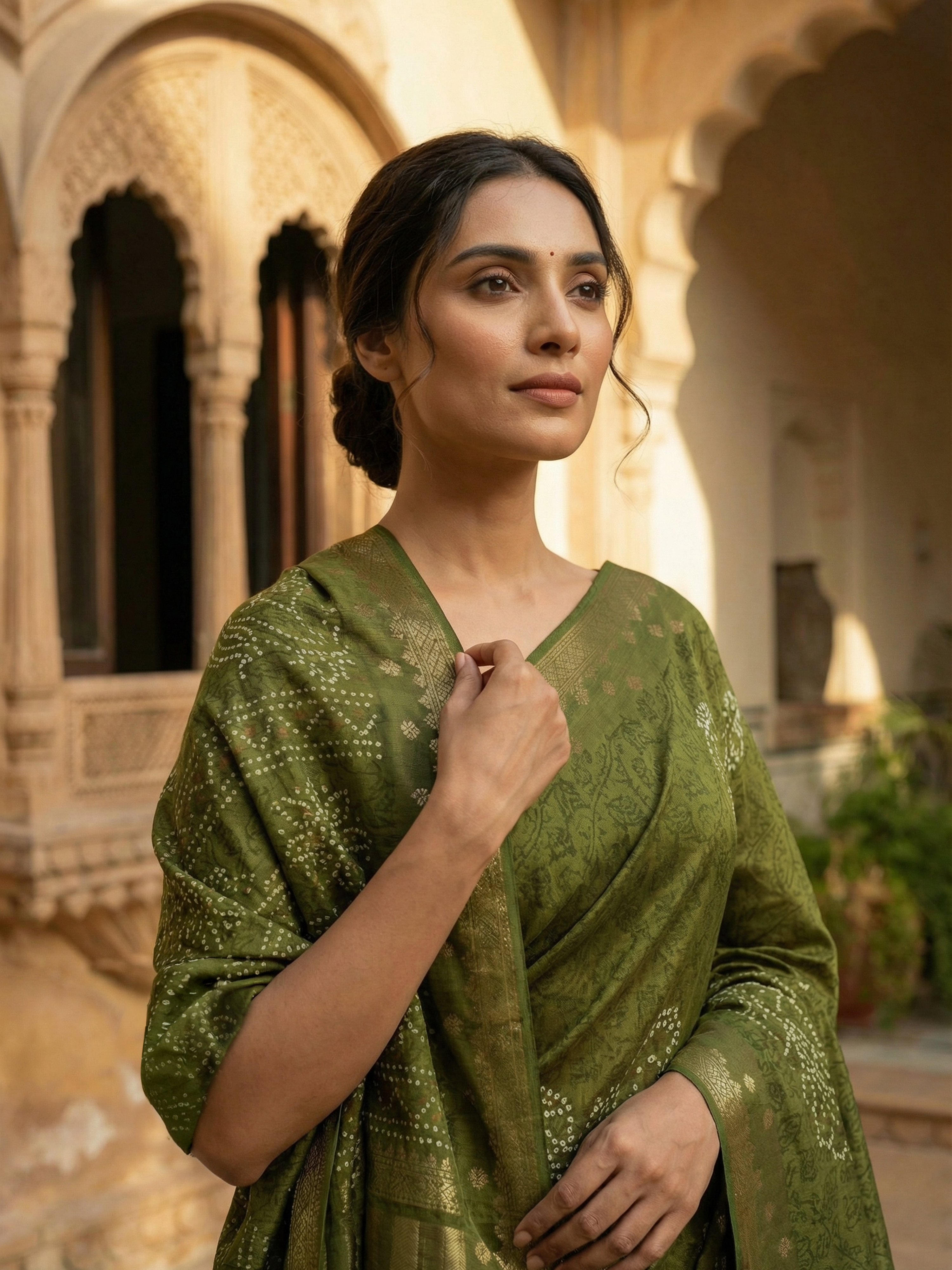 Olive Green Semi Silk Saree with Bandhani Motifs & Antique Gold Border