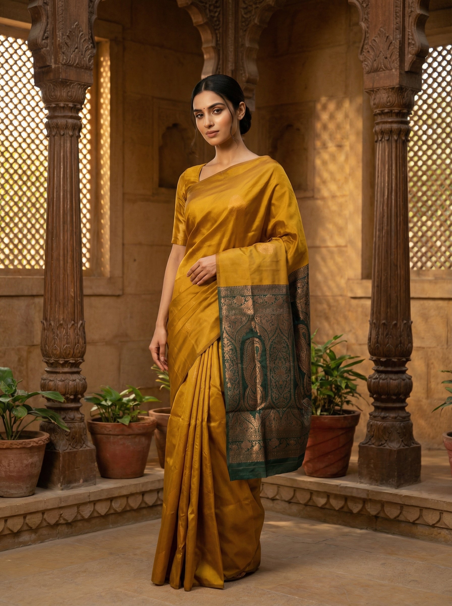 Mustard Yellow Semi Silk Saree with Antique Gold Border and Green Butta Blouse