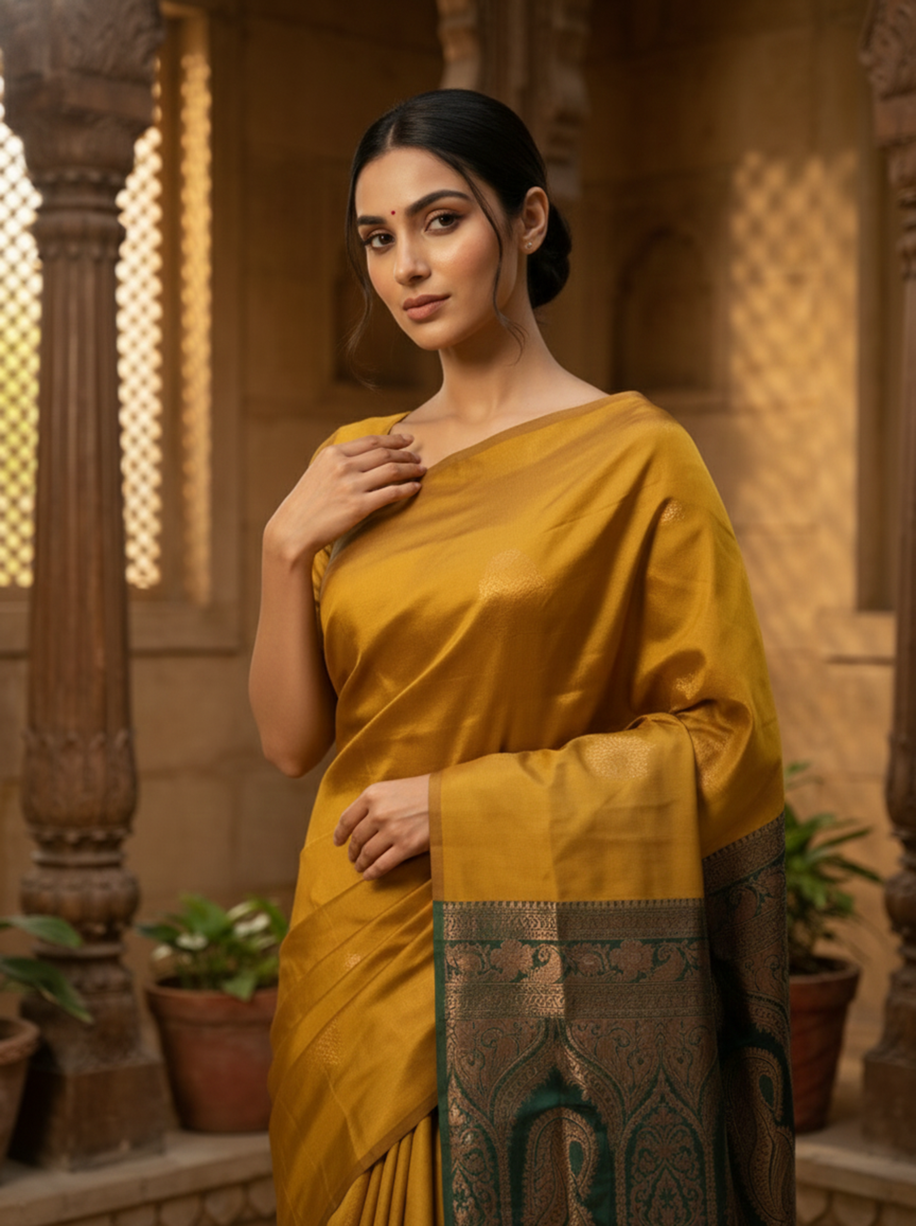 Mustard Yellow Semi Silk Saree with Antique Gold Border and Green Butta Blouse