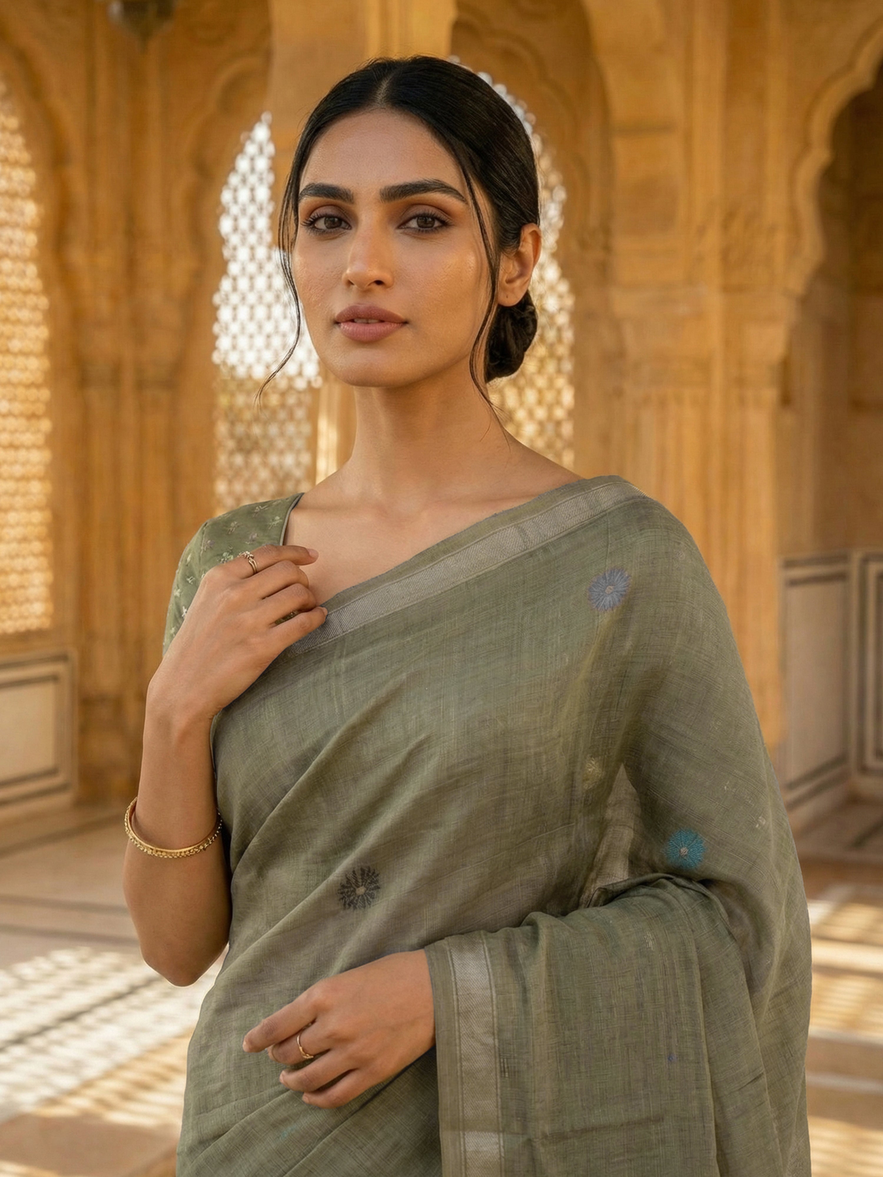 Chanderi Cotton Silk Saree in Sage Green with Butta Body and Floral Printed Pallu