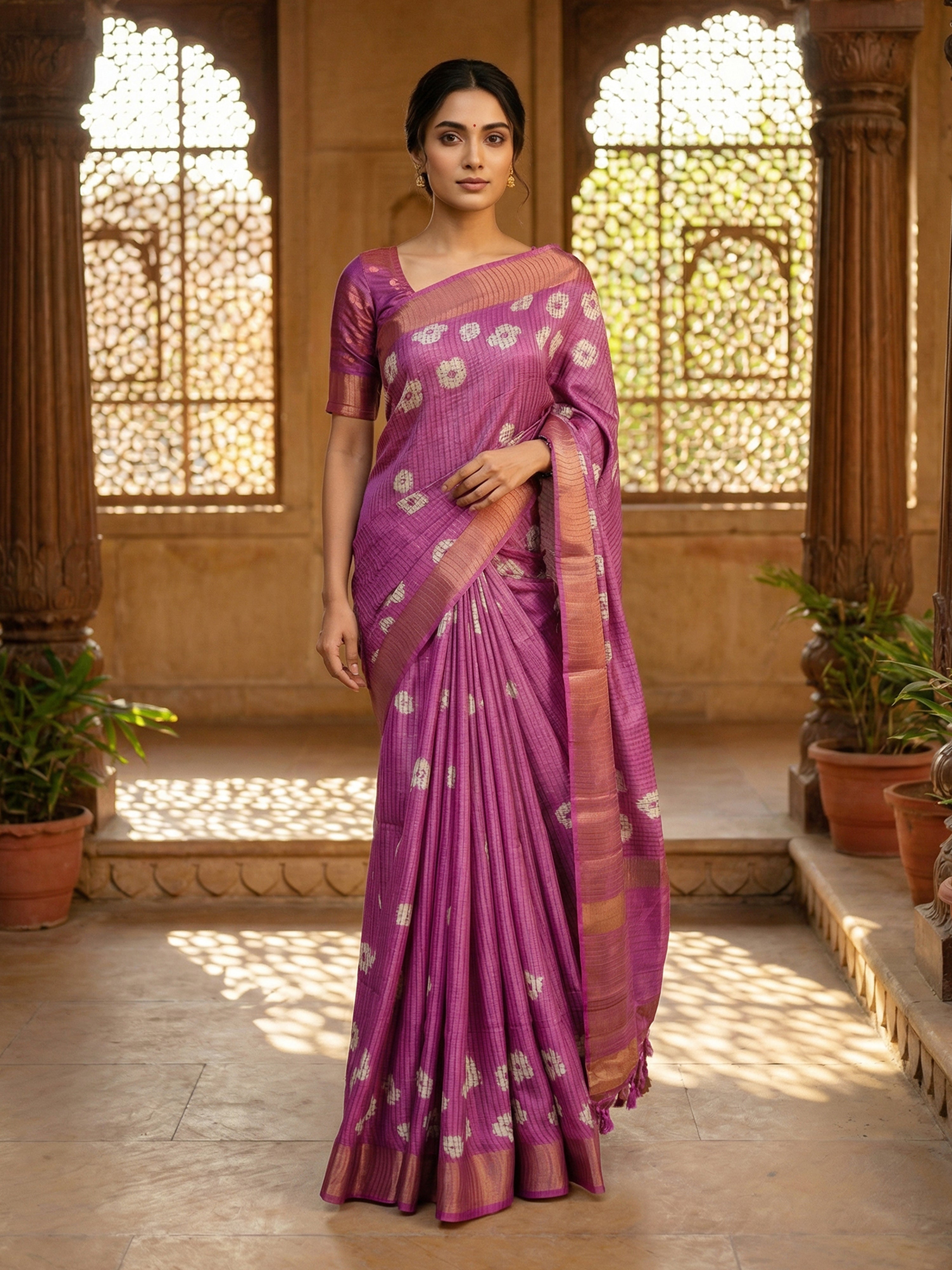 Onion Pink Semi Tusser Check with spreaded Floral Design Saree