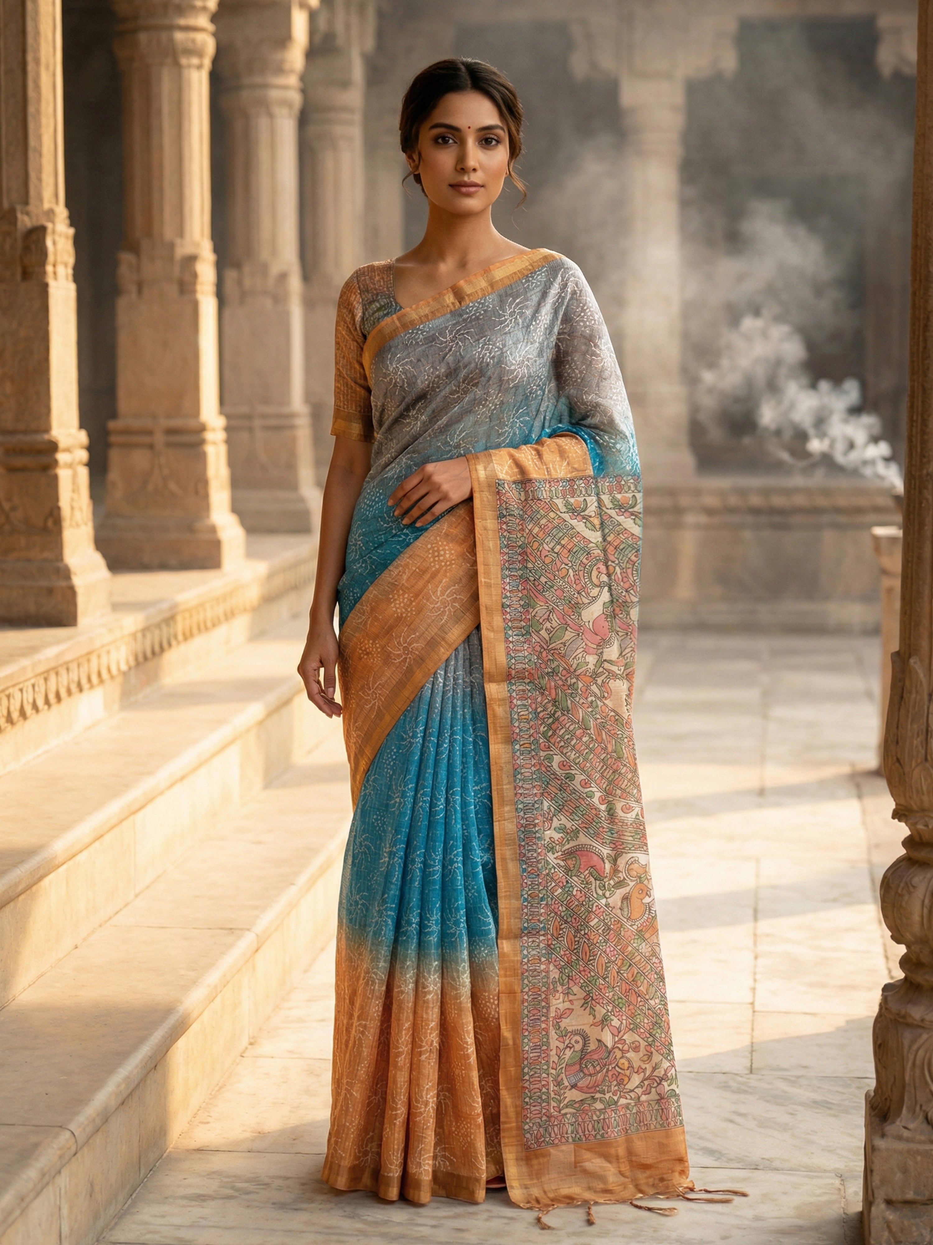 Multi Shade Semi Jute Silk Saree with Hand-Painted Madhubani Pallu