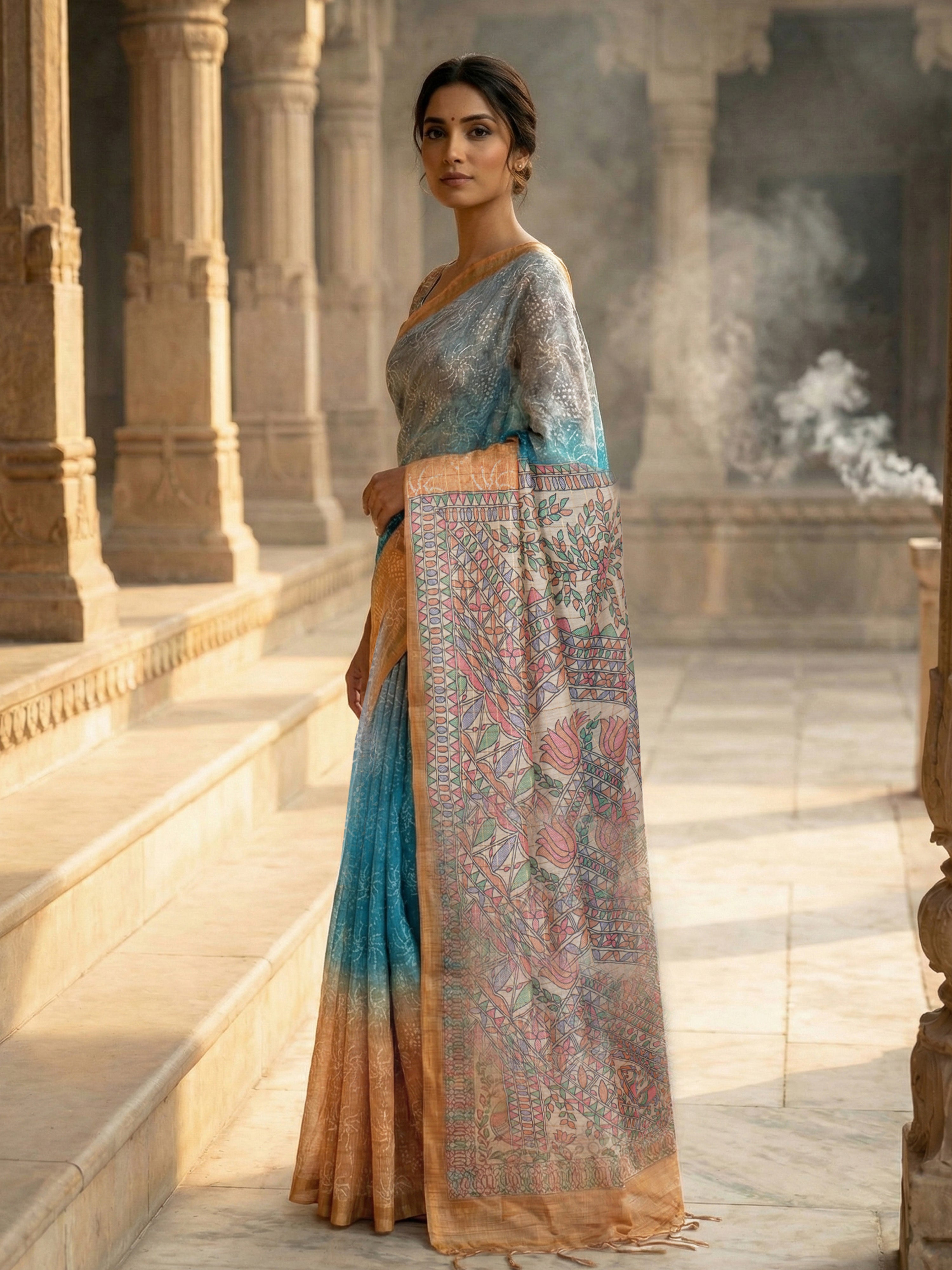 Multi Shade Semi Jute Silk Saree with Hand-Painted Madhubani Pallu