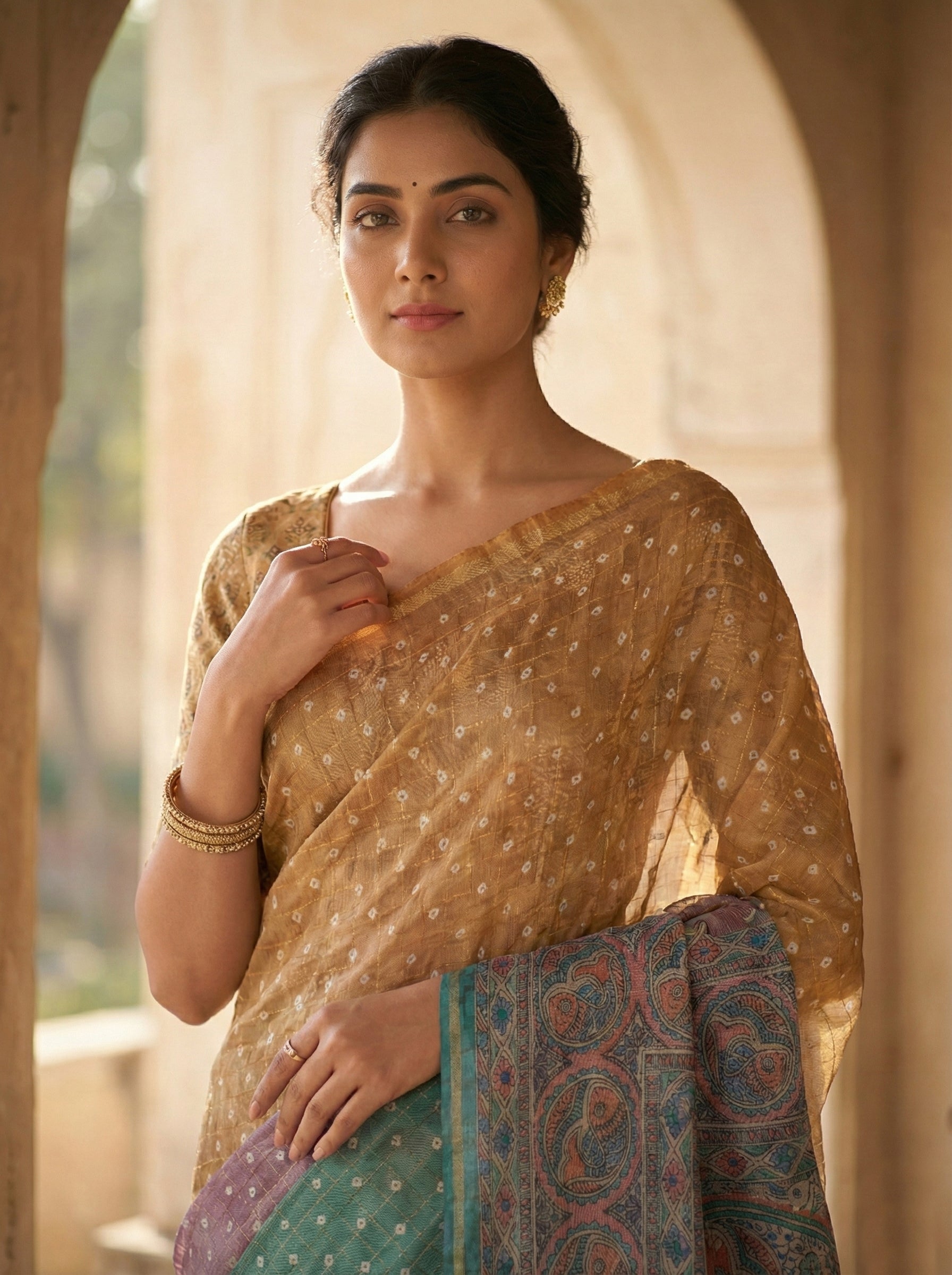 Mustard–Lavender–Teal Color Block Semi Silk Saree with Kalamkari Pallu