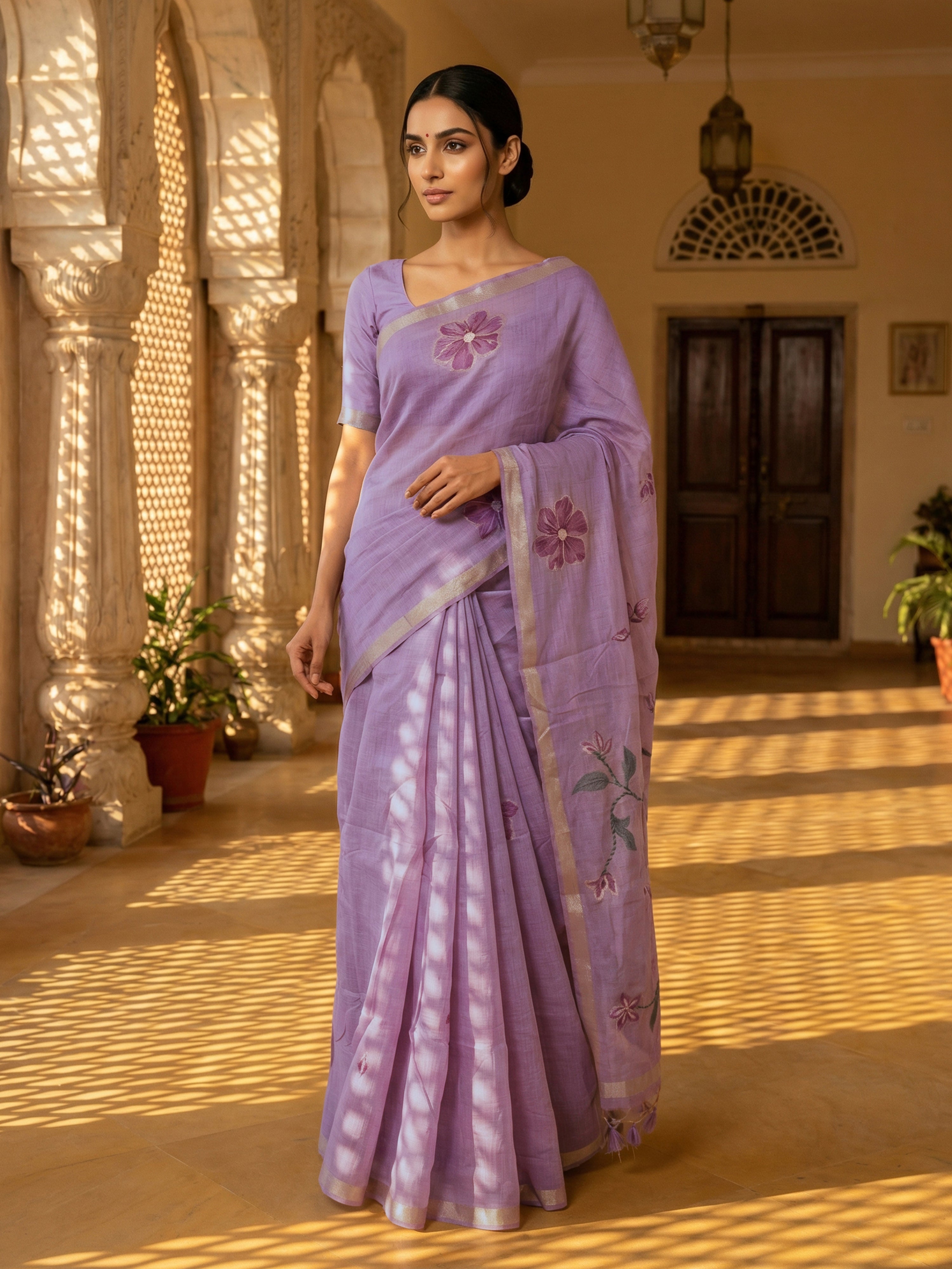 Lavender Chanderi Silk Cotton Saree with Floral Motifs and Gold Zari Border