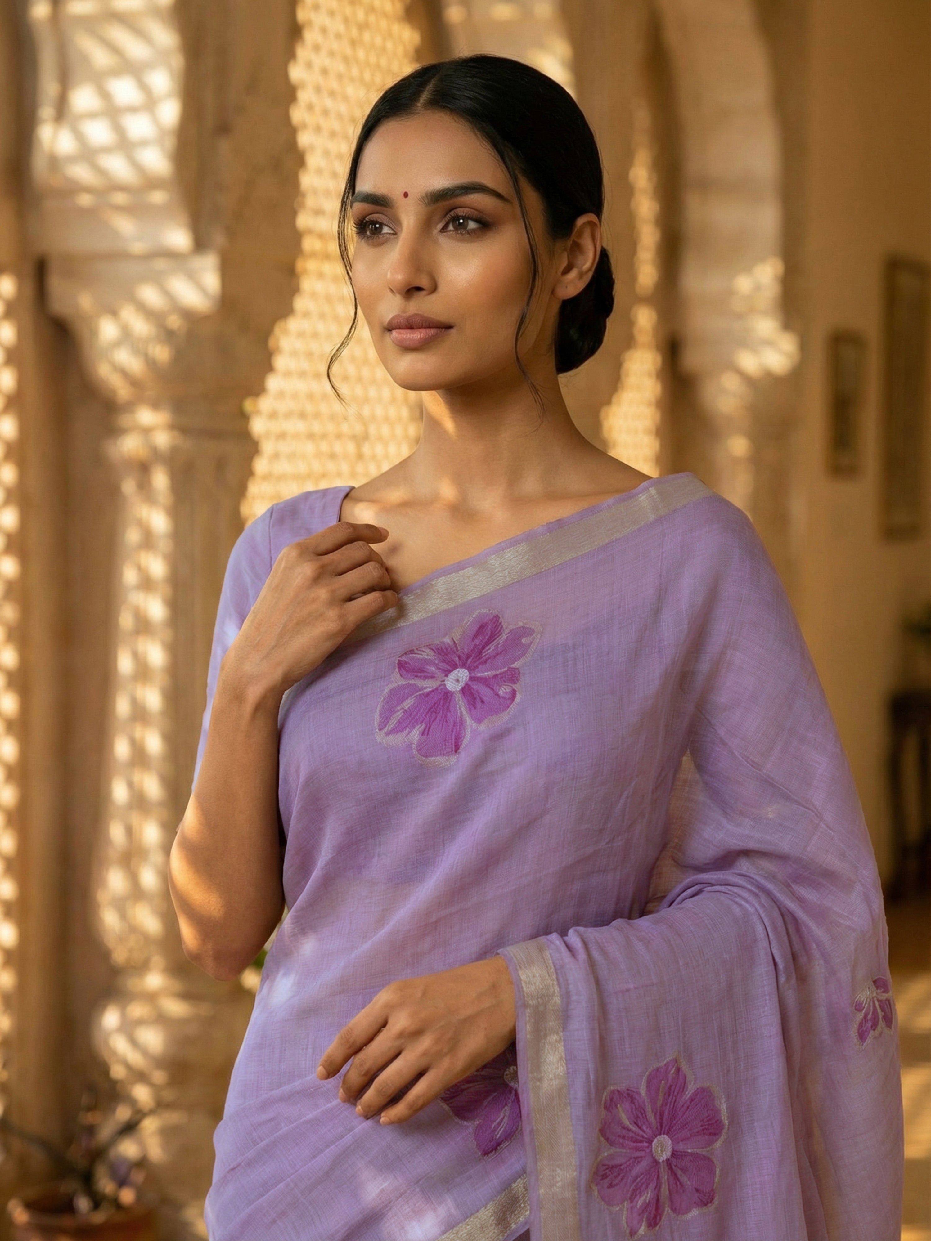 Lavender Chanderi Silk Cotton Saree with Floral Motifs and Gold Zari Border