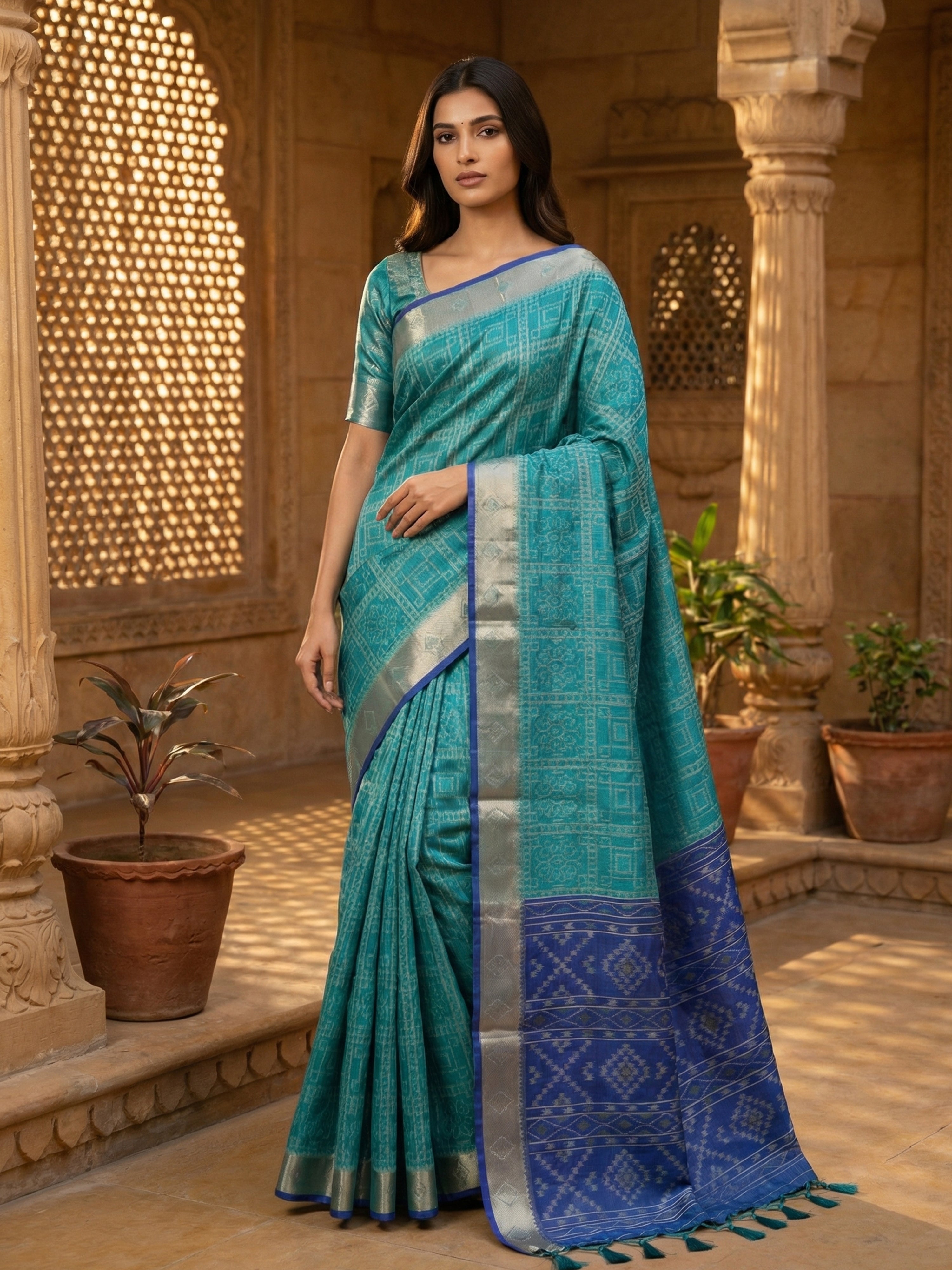 Teal Blue Jute Silk Saree with Contrast Ikat Pattern Pallu