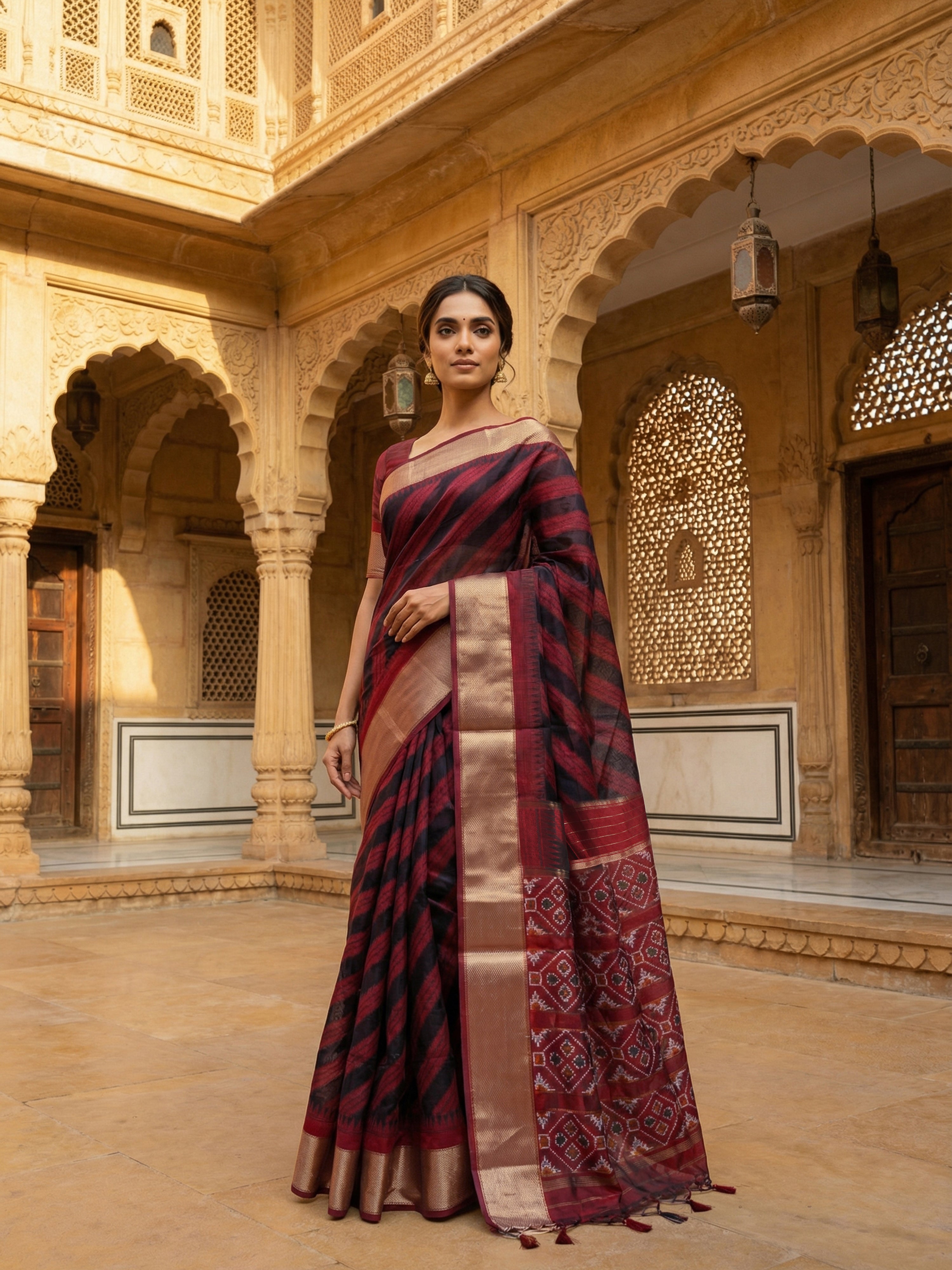 Semi Silk Saree in Maroon & Black with Diagonal Stripe Body and Matching Printed Pallu