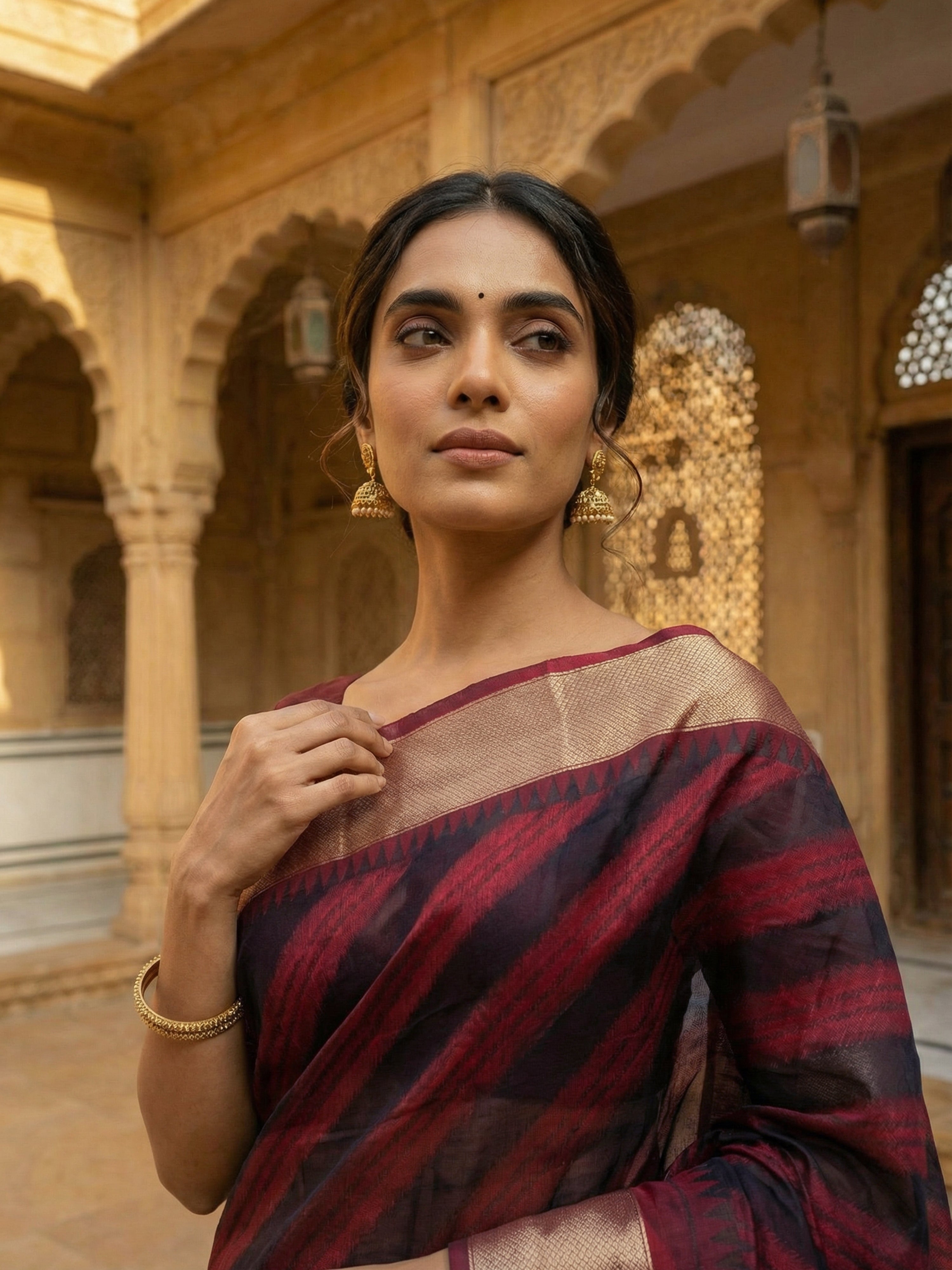 Semi Silk Saree in Maroon & Black with Diagonal Stripe Body and Matching Printed Pallu